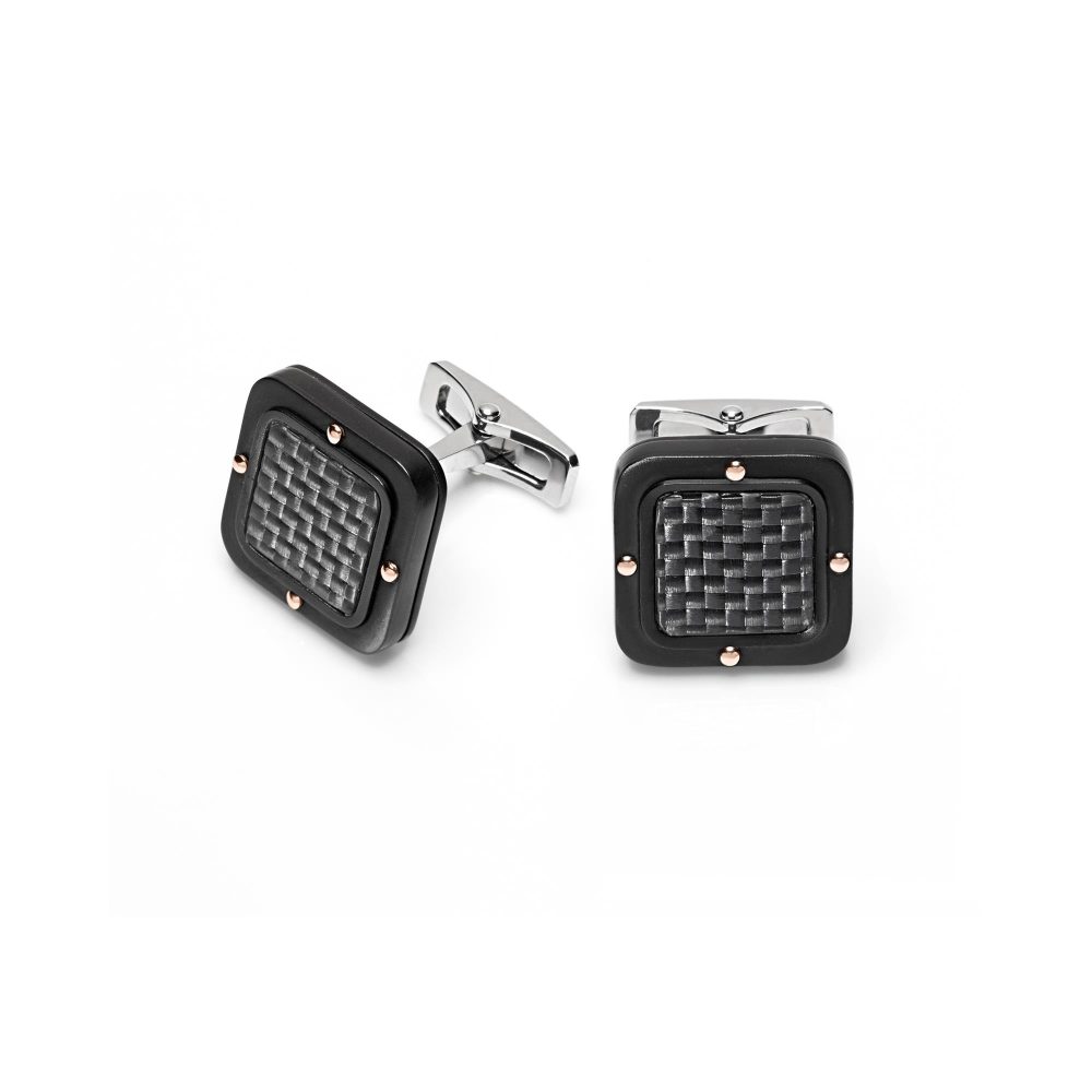 Black One Cufflinks in 18k Rose Gold with Stainless Steel and Carbon Fiber 16mm