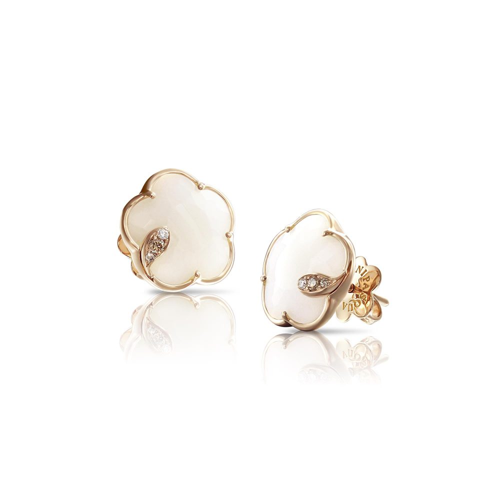 Petit Joli Earrings in 18k Rose Gold with White Agate and Diamonds.