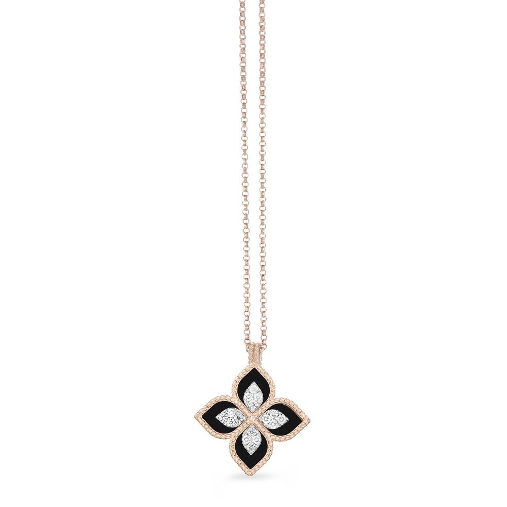 Princess Flower Necklace in 18k Rose and White Gold with Diamonds,Black Jade and Rubies.