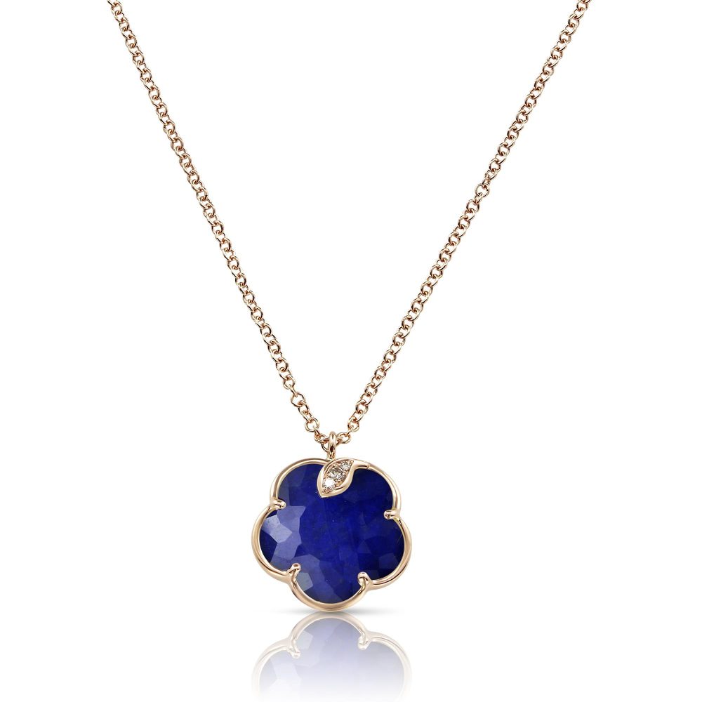 Petit Joli Necklace in 18k Rose Gold with Rock Crystal, Lapis Lazuli and Diamonds.
