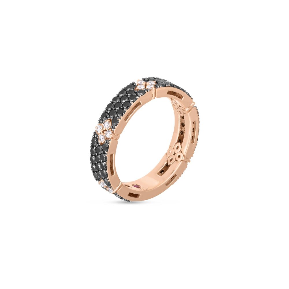 Love in Verona Ring in 18k Rose Gold with White and Black Diamonds and Ruby. Love in Verona Ring in 18k Rose Gold with White and Black Diamonds and Ruby.