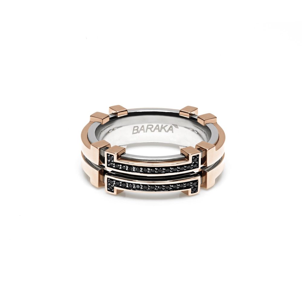 Explore Ring in 18k Rose Gold with Stainless Steel and Three Black Diamonds.