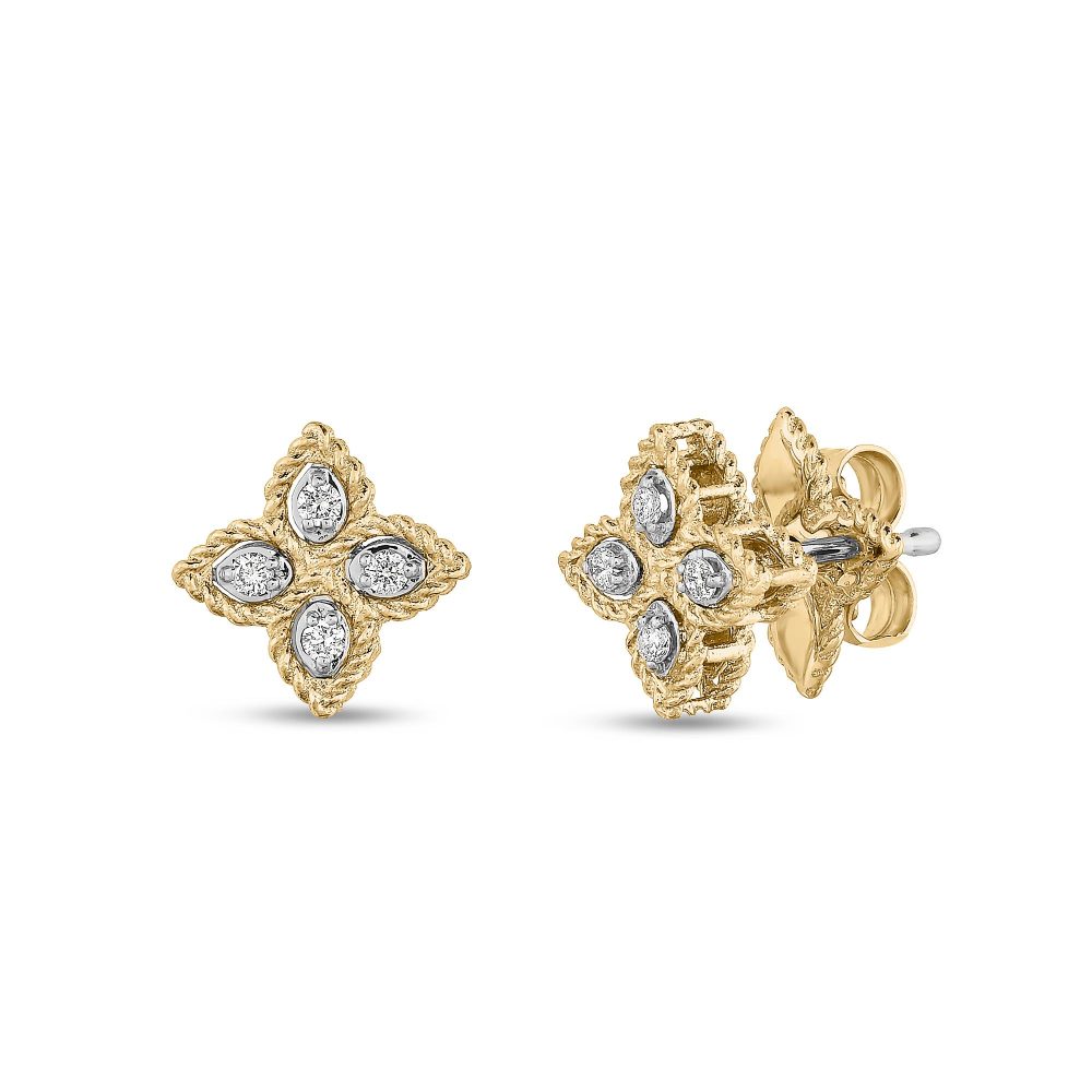 Princess Flower Earrings in 18k Yellow White Gold with Diamonds and Rubies 10mm