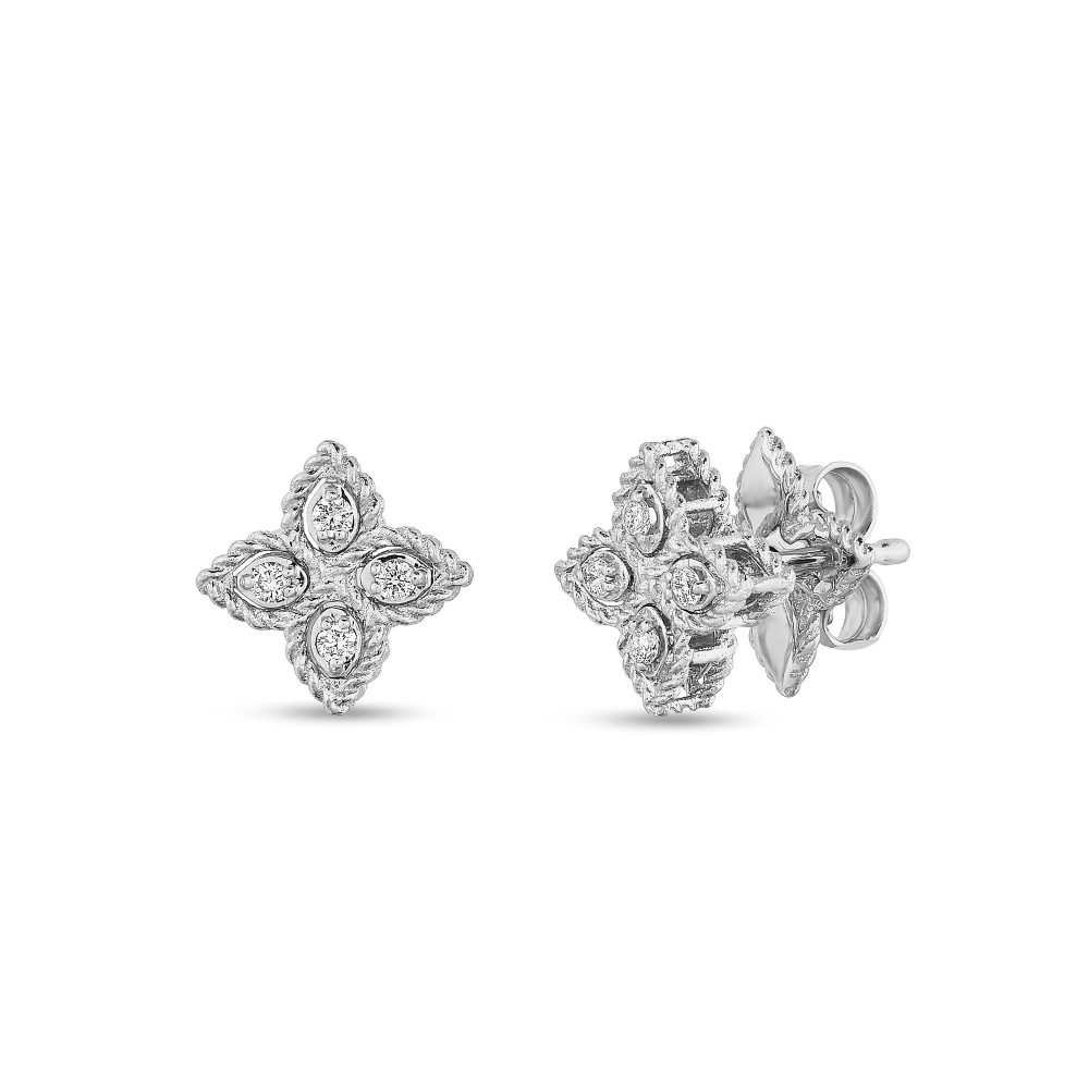 Princess Flower Earrings in 18K White Gold with Diamonds and Rubies 10mm