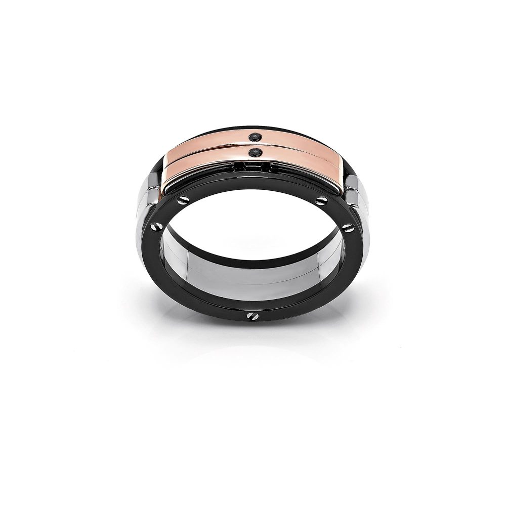 Explore Ring in 18k Rose Gold with Stainless Steel and Two Black Diamonds.