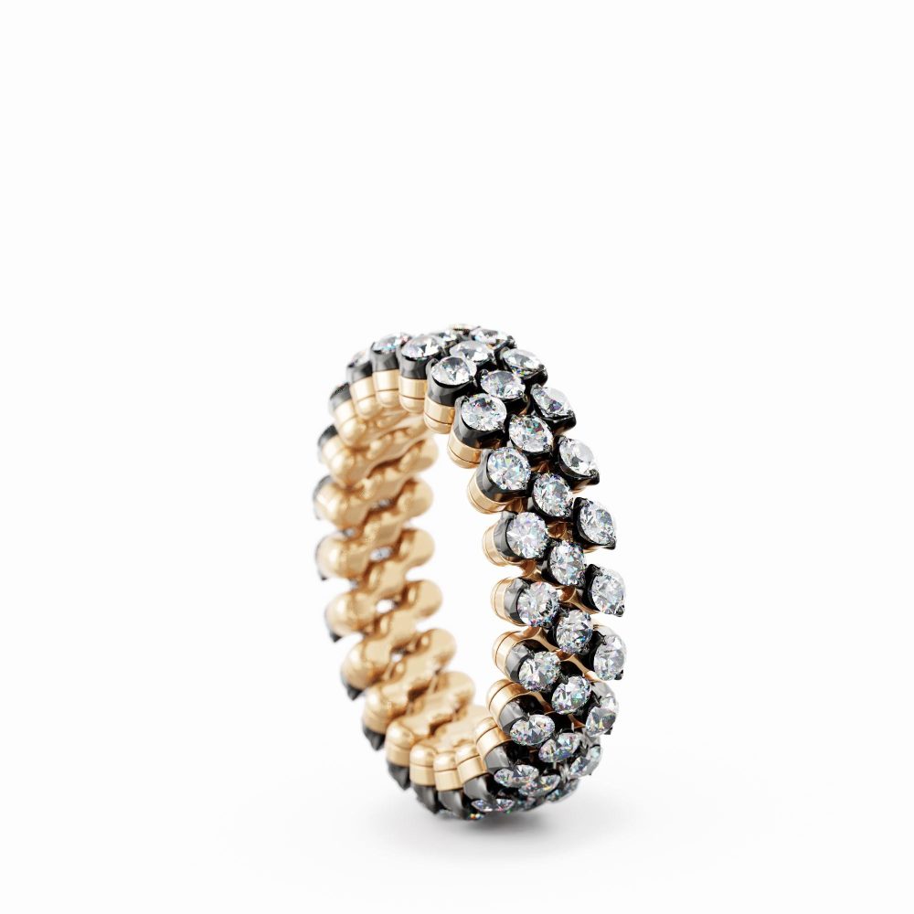 Ring Multi Size 3 Rows Full 2 Points in 18K Rose Gold with Diamonds