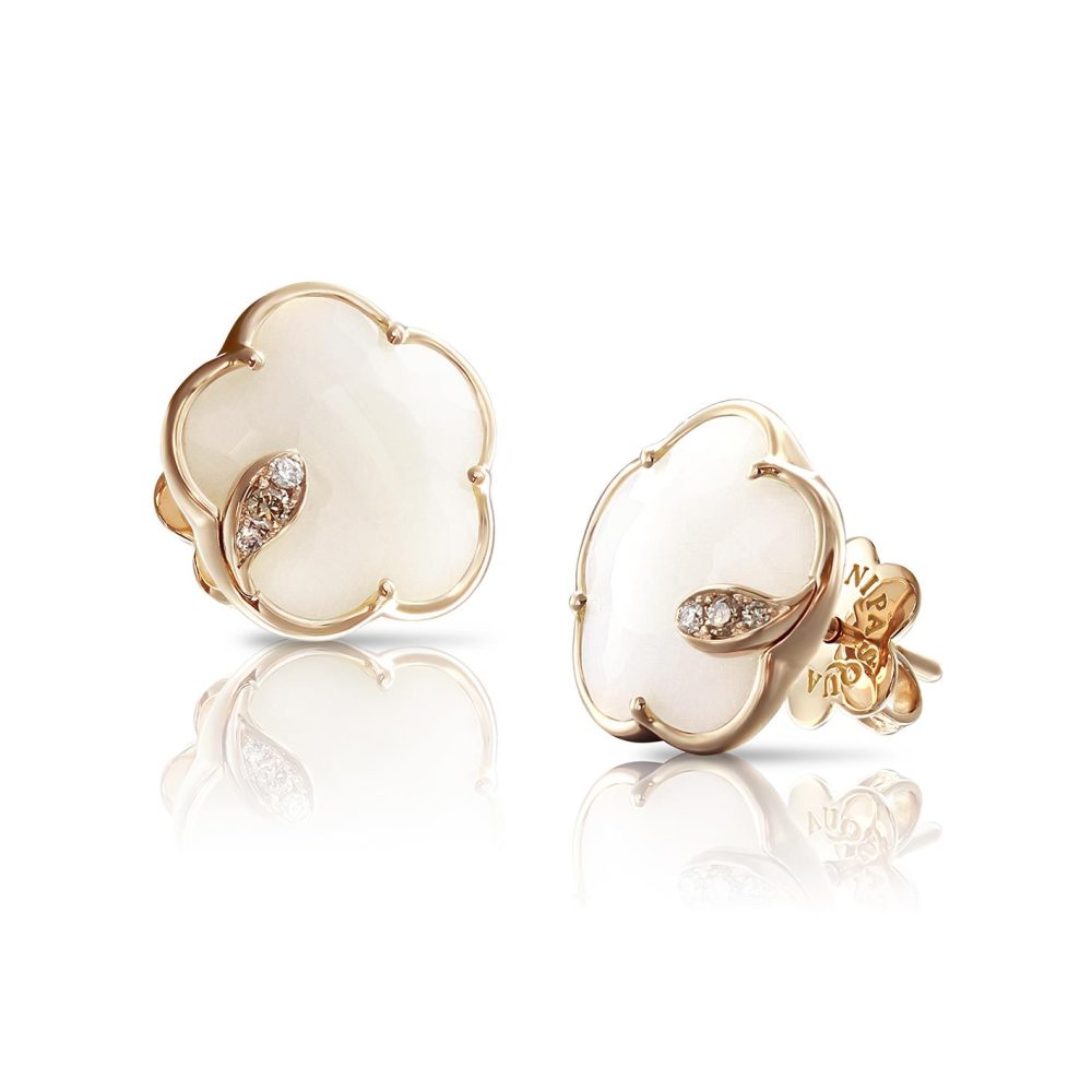 Petit Joli Earrings in 18k Rose Gold with White Agate and Diamonds.