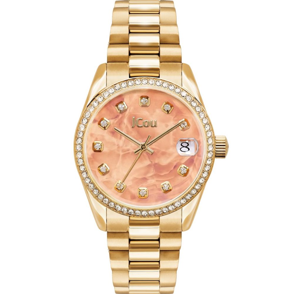 Аналоговые часы JCou Gliss с индикацией даты из нержавеющей стали с цирконами 34 мм