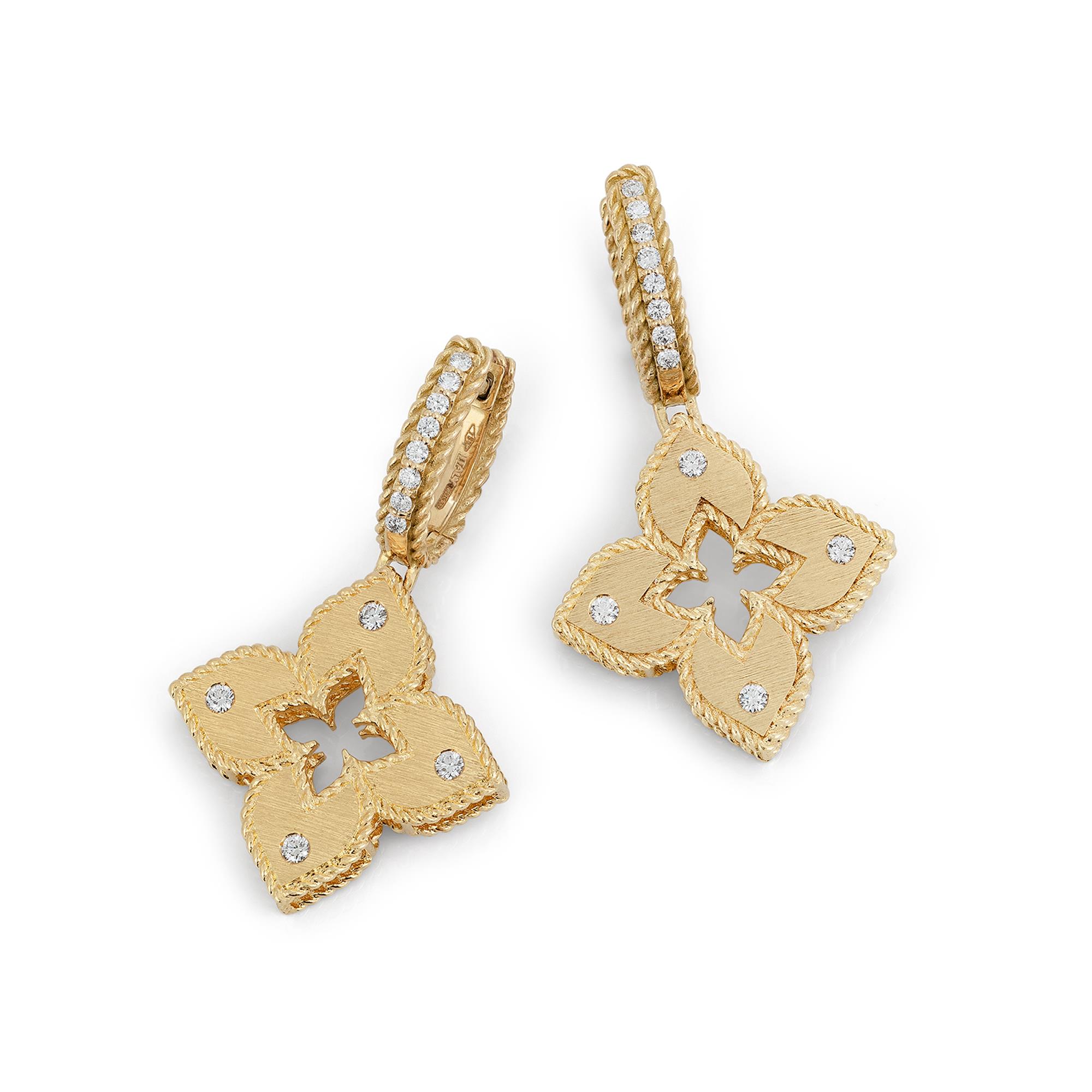 Venetian Princess Earrings in 18k Yellow Gold with Diamonds and Ruby.