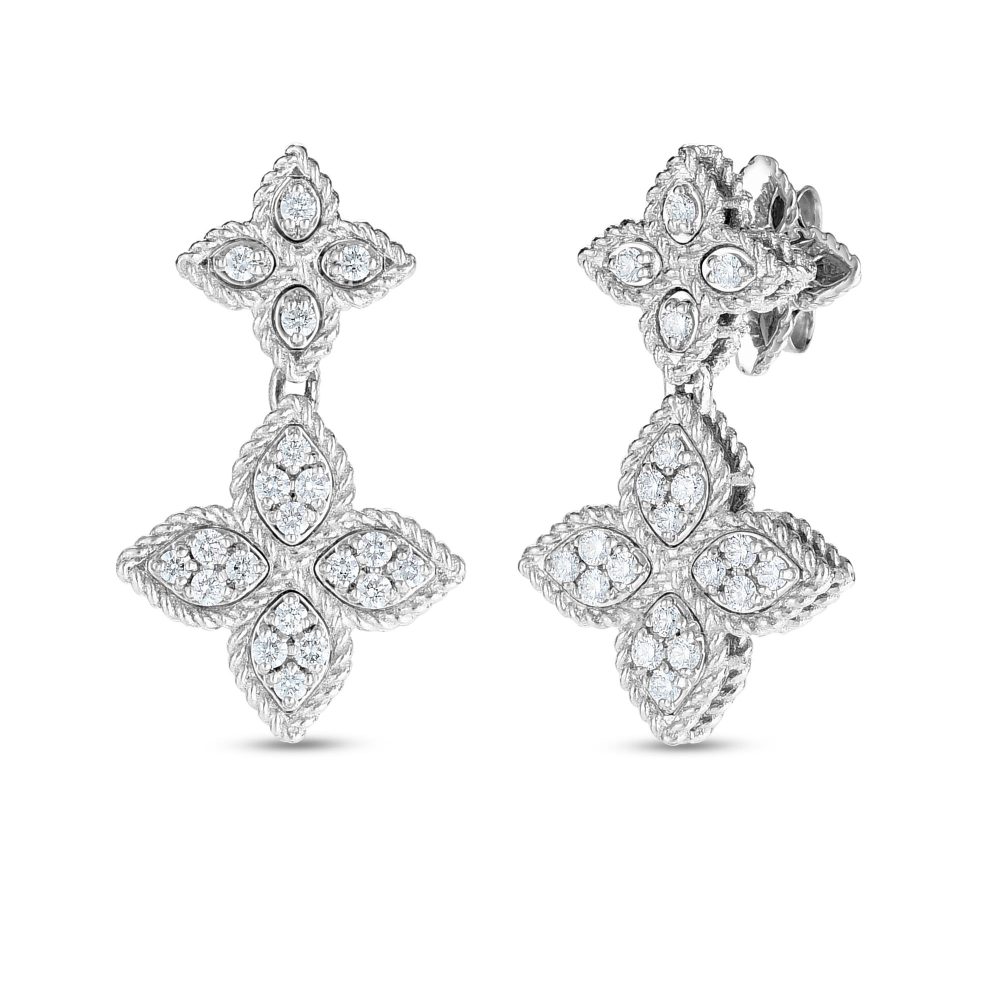 Princess Flower Earrings in 18k White Gold with Diamonds and Ruby.