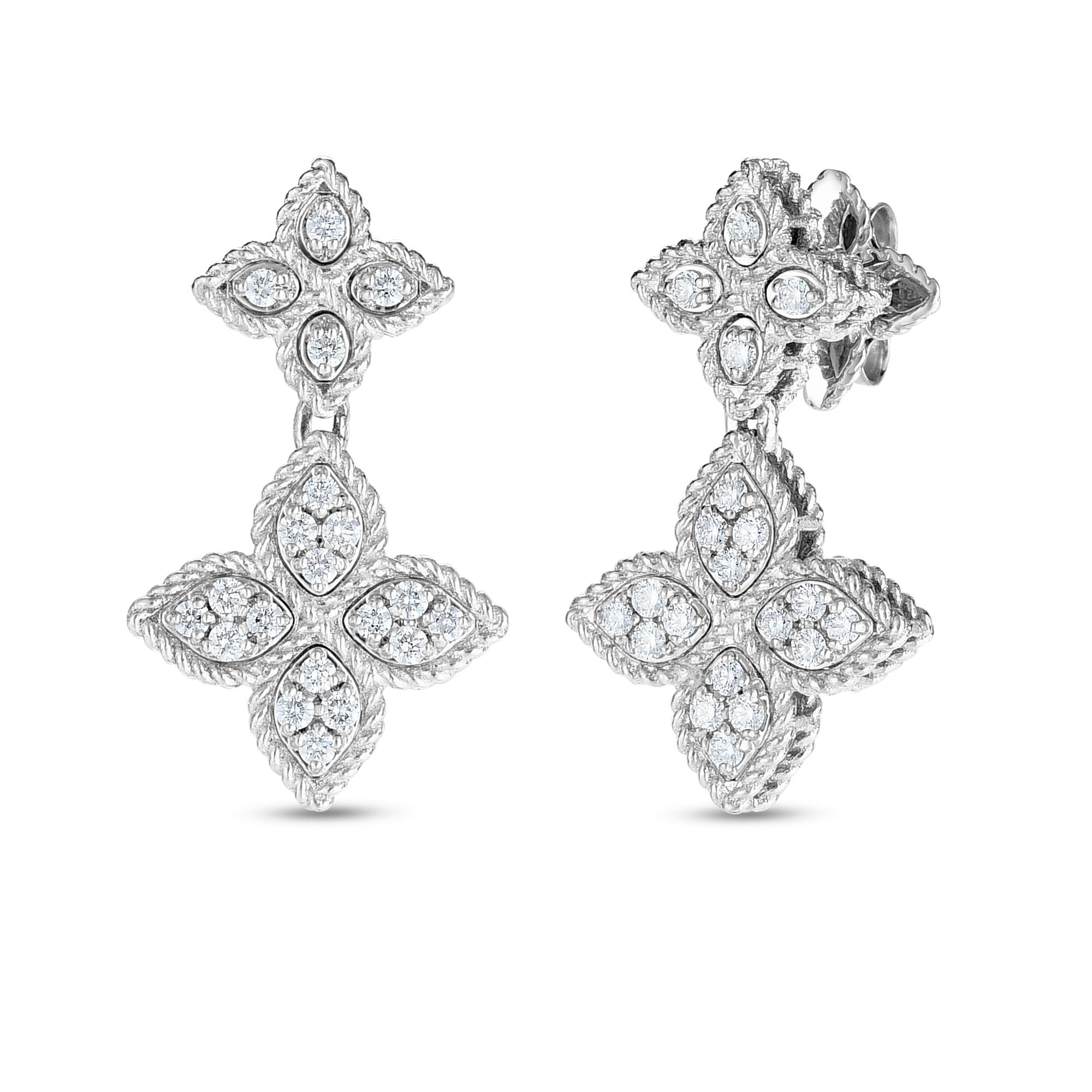 Princess Flower Earrings in 18k White Gold with Diamonds and Ruby.