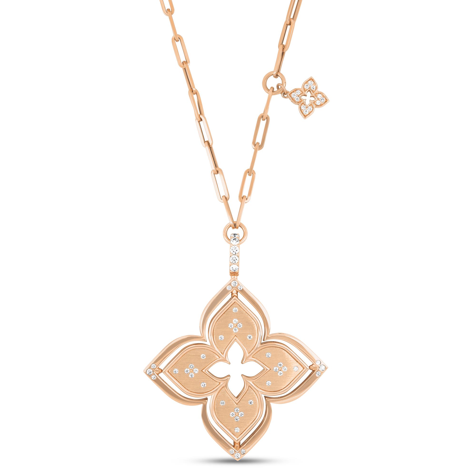 Princess Flower Necklace in 18k Rose and White Gold with Diamonds, Mother of Pearl, and Rubies.