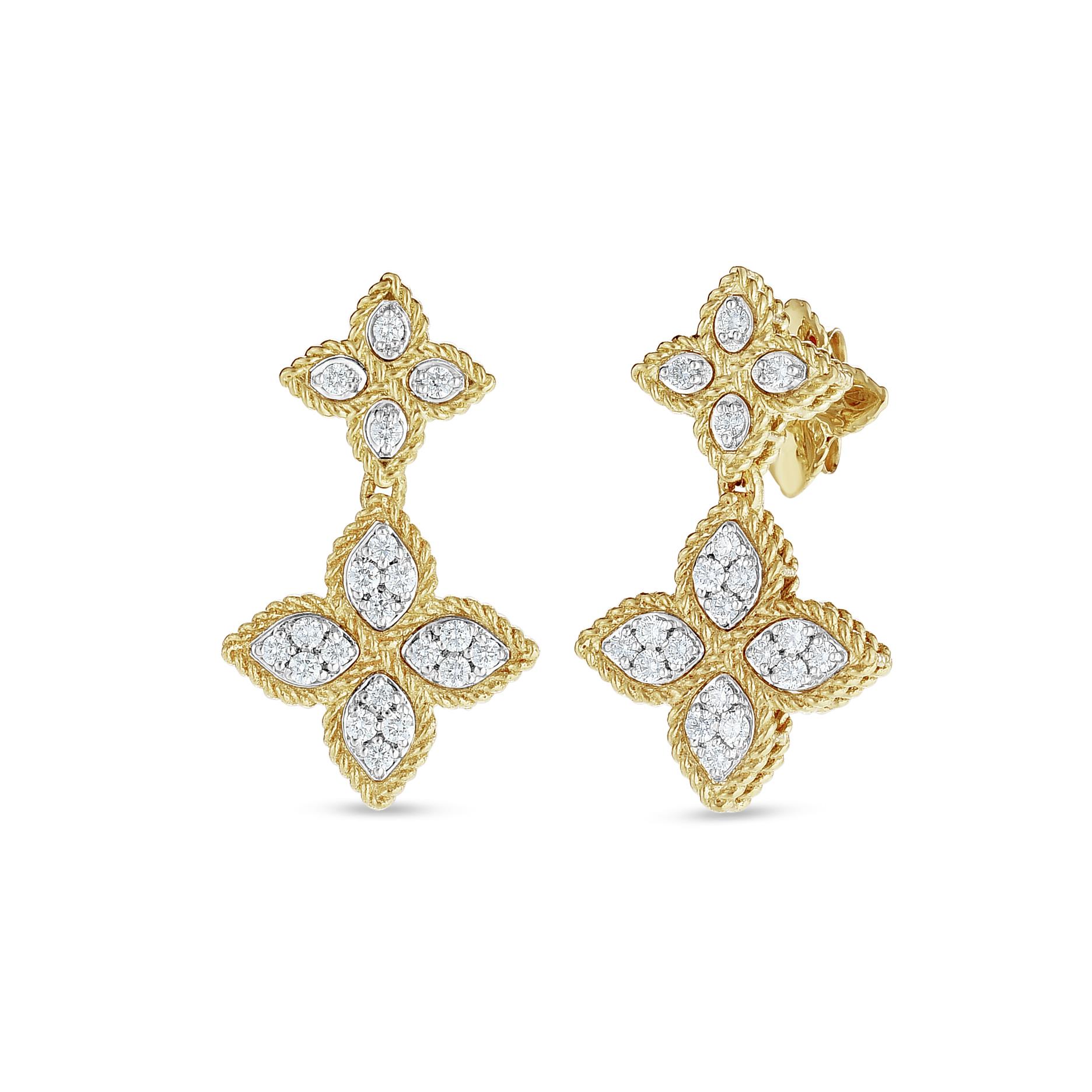 Princess Flower Earrings in 18k Yellow Gold with Diamonds and Ruby.