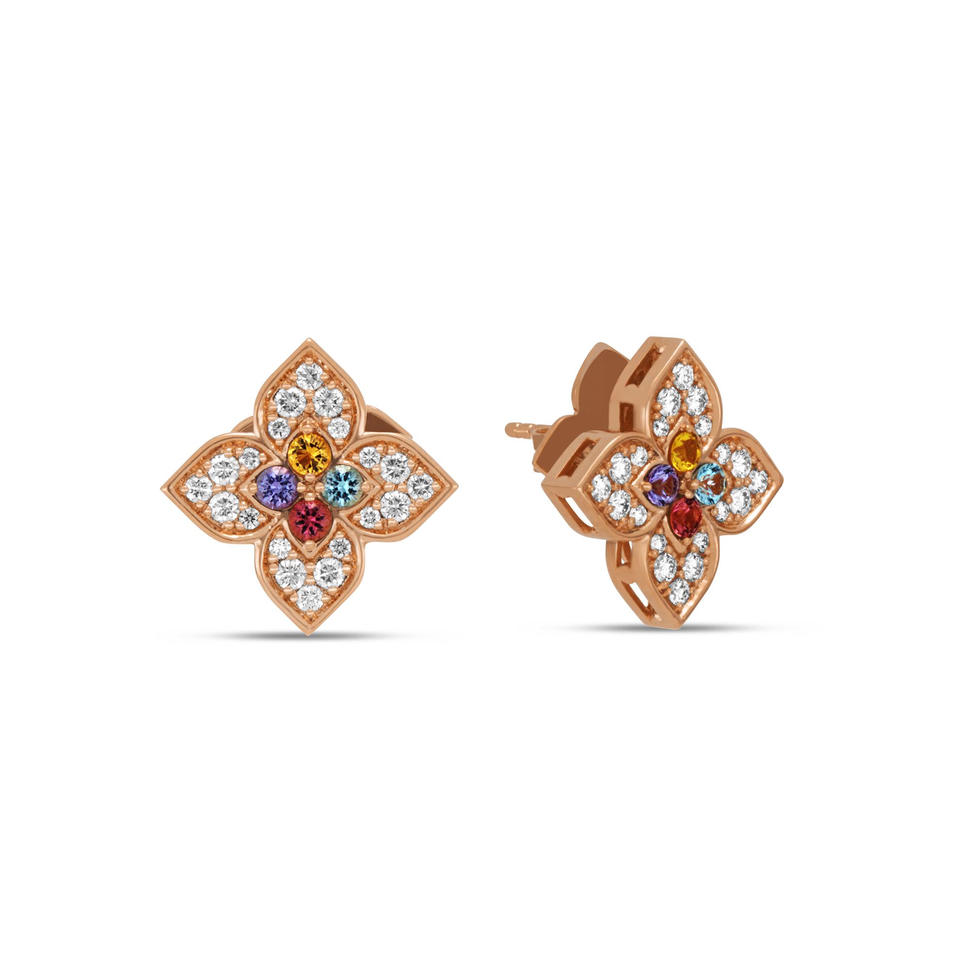 Venetian Princess Earrings in 18K Rose Gold with Diamonds, Rubies, Tanzanite, Swiss Blue Topaz, Rubellite and Citrine.