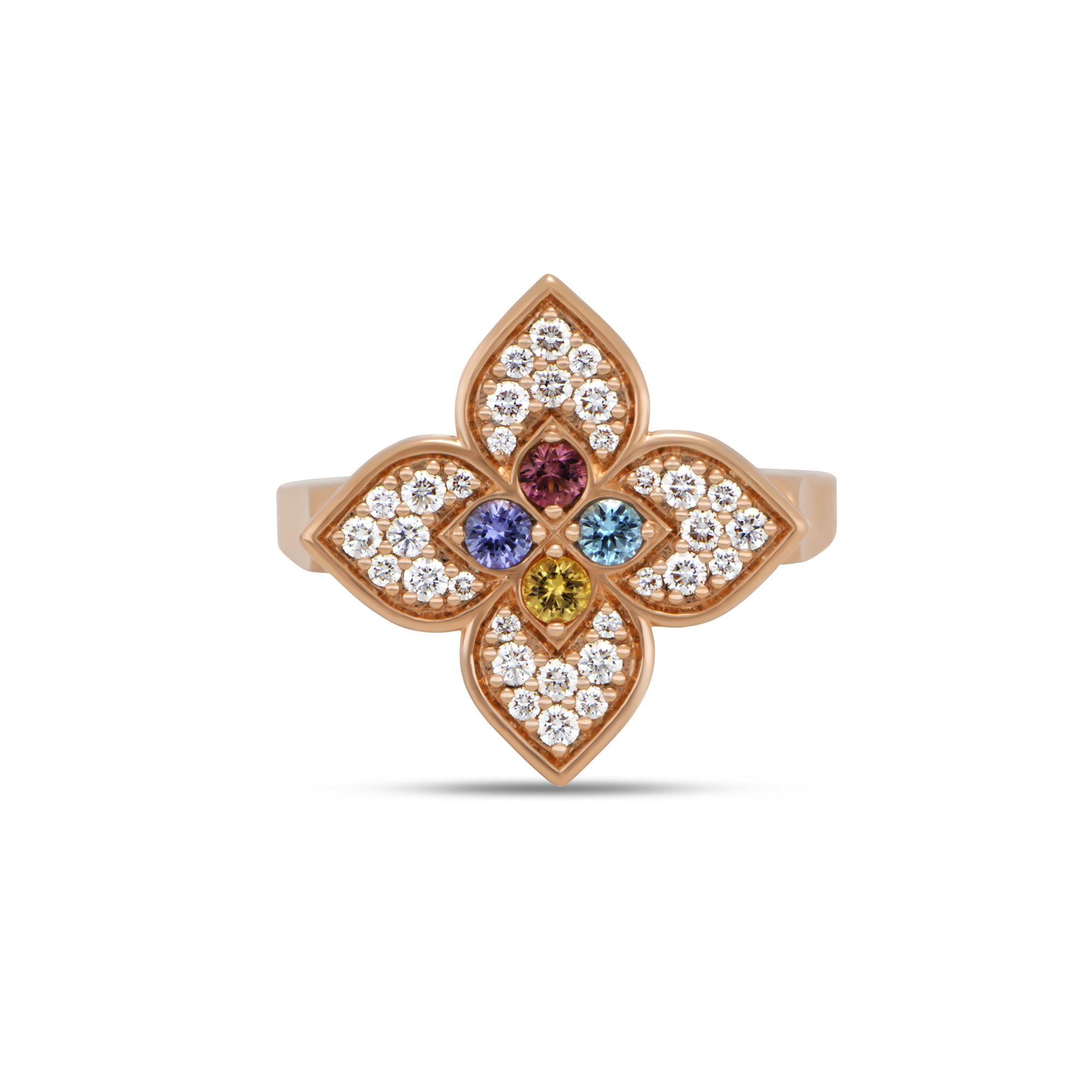 Venetian Princess Ring in 18K Rose Gold with Diamonds, Ruby, Tanzanite, Swiss Blue Topaz, Rubellite and Citrine.