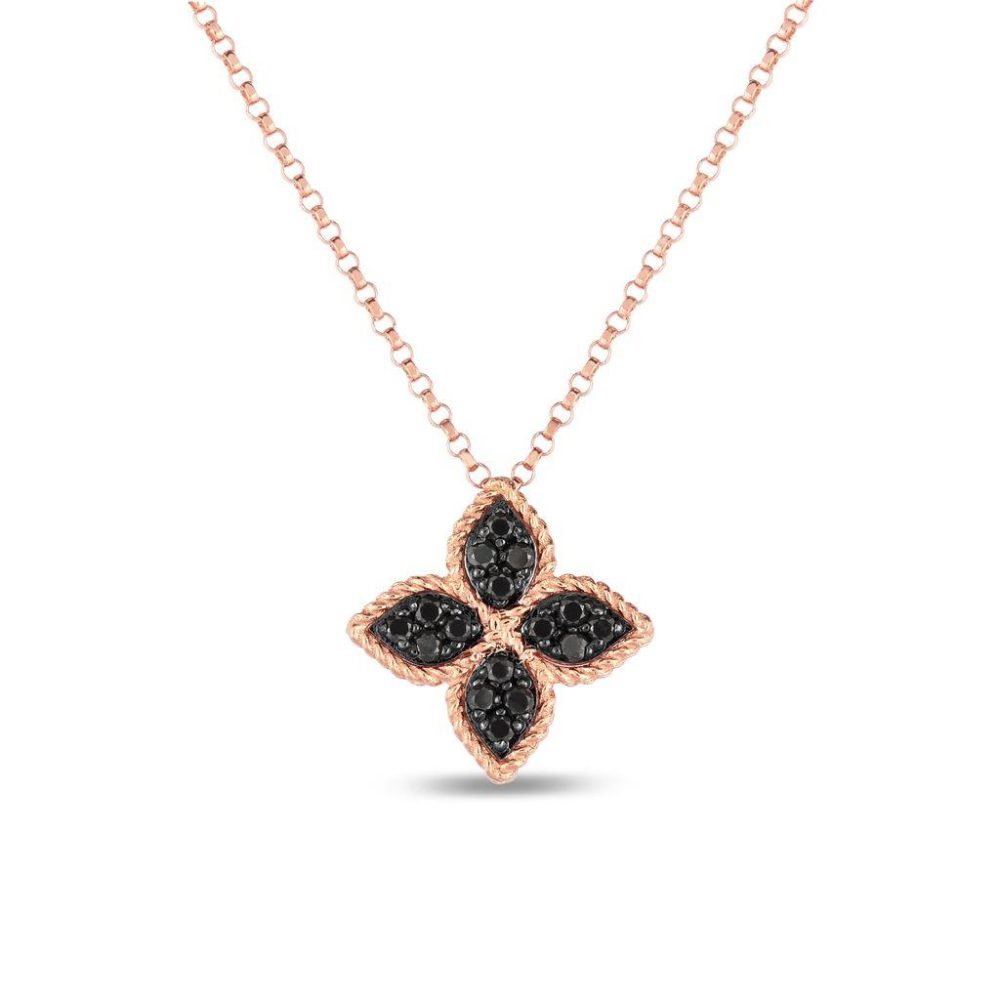 Princess Flower Necklace in 18k Rose Gold with Black Diamonds and Rubies