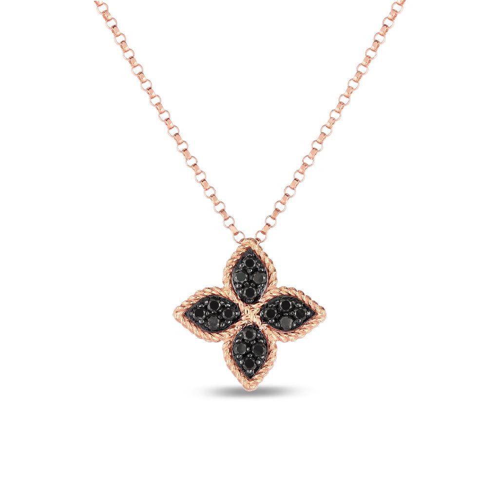 Princess Flower Necklace in 18k Rose Gold with Black Diamonds and Rubies