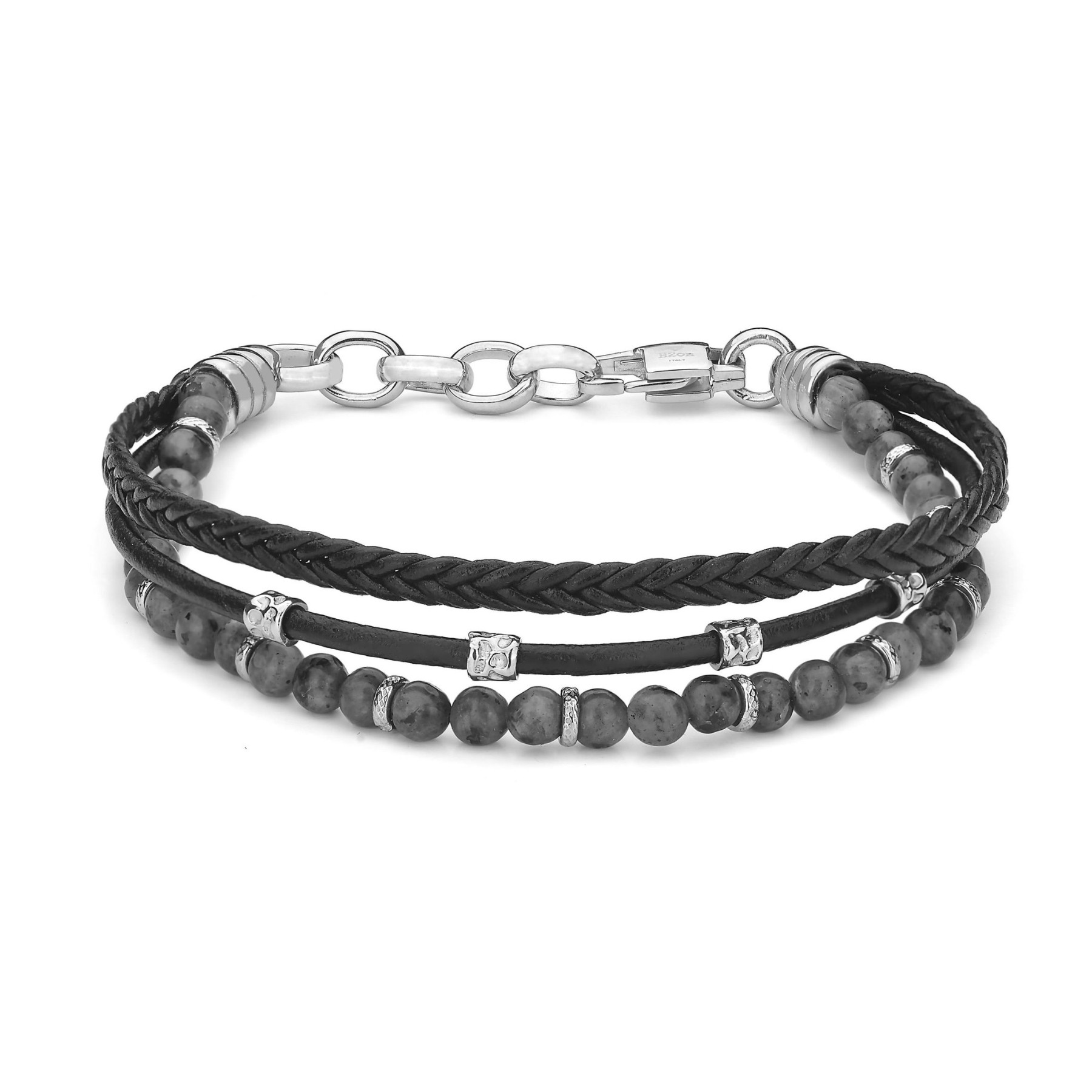Η2On Bracelet in Stainless Steel with Black Leather and Labradorite