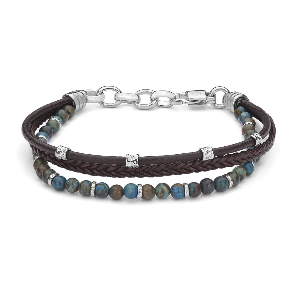 Браслет Η2On из нержавеющей стали с коричневой кожаной отделкой и агатом эмиморфит