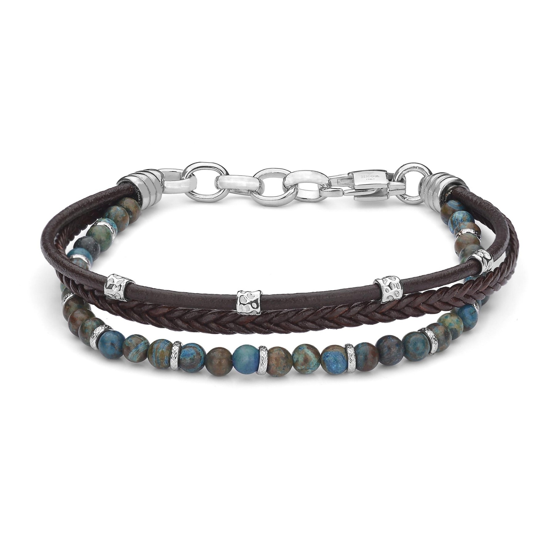 Η2On Bracelet in Stainless Steel with Brown Leather and Emimorfite Agate