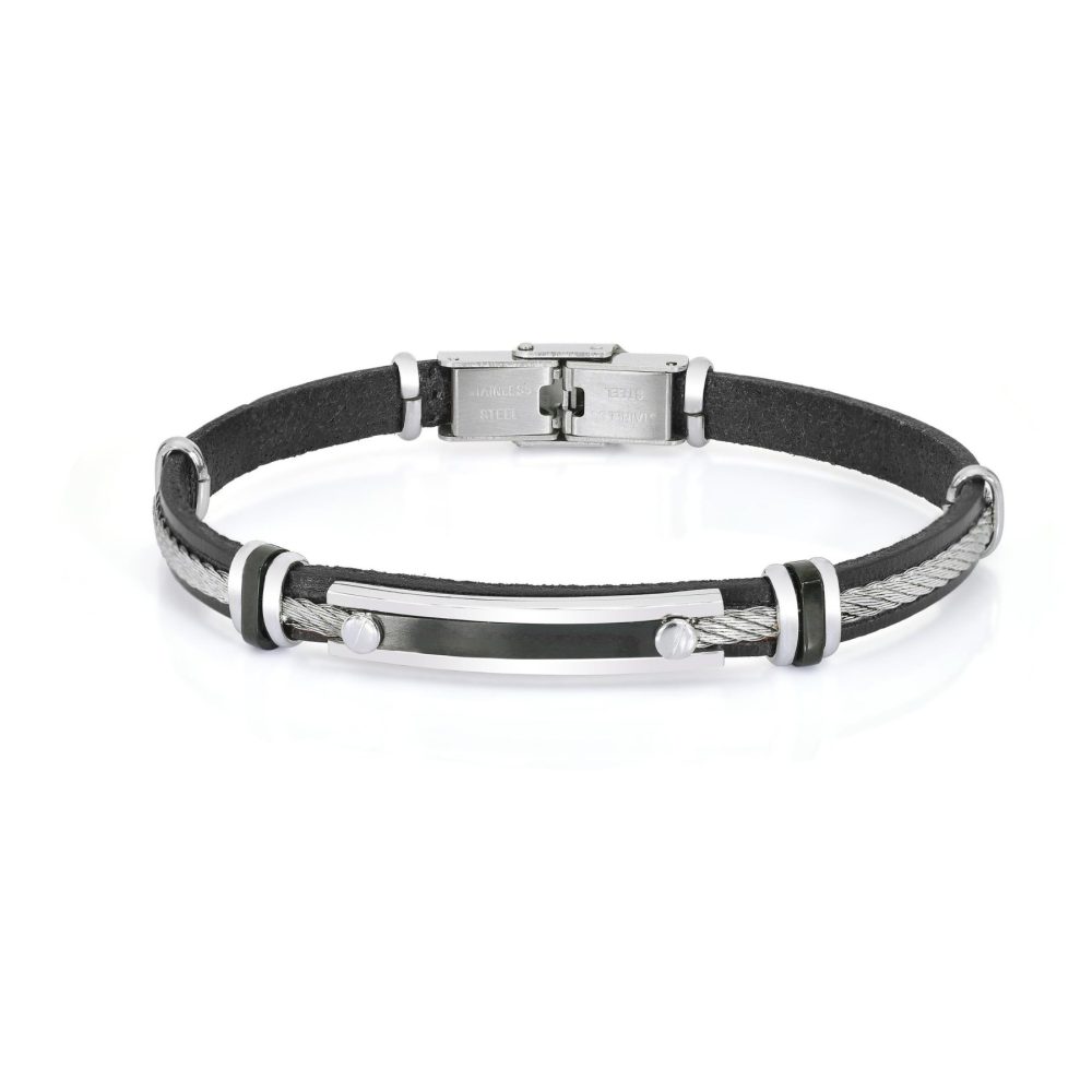 Bracelet in Stainless Steel with Black Leather
