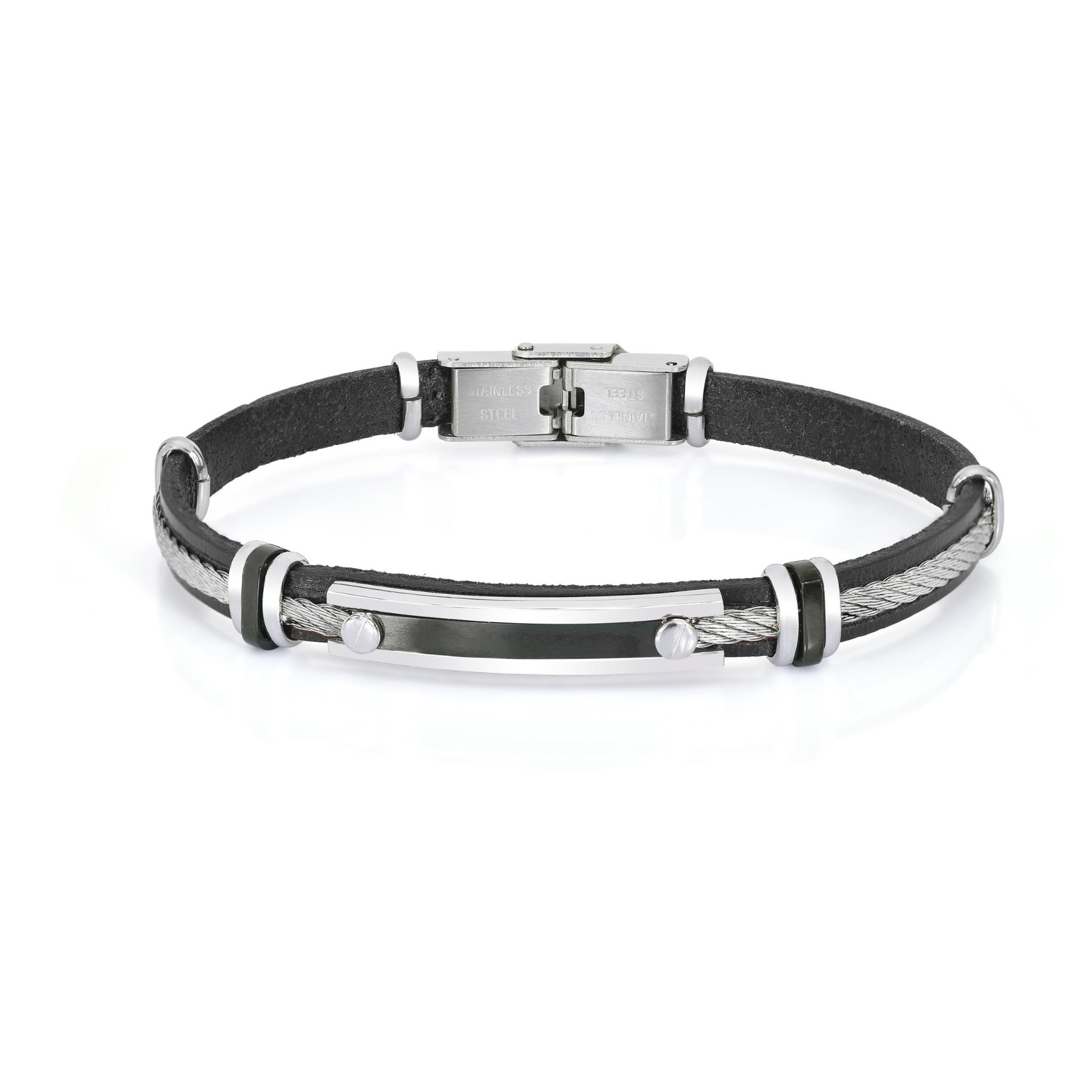 Η2On Bracelet in Stainless Steel with Black Leather