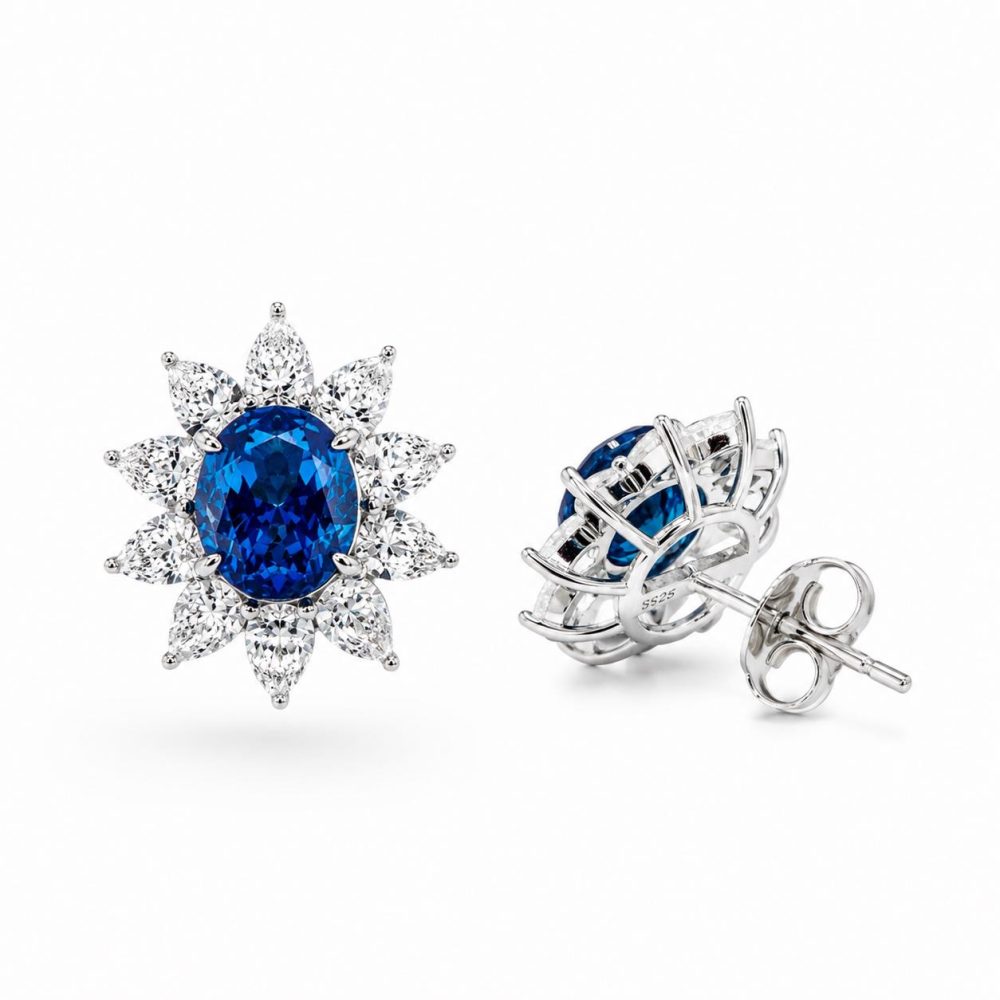 Earrings in Silver 925 with White and Blue Zircon 1.5cm
