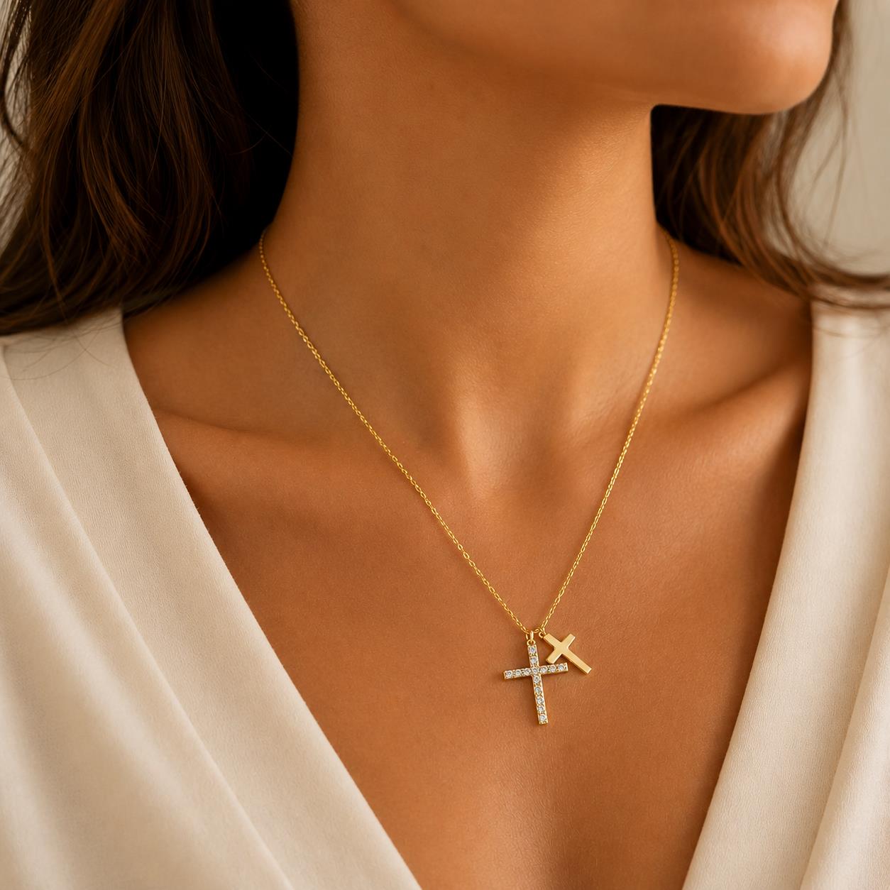 Cross in Gold-Plated Silver 925 with Zircon 44cm