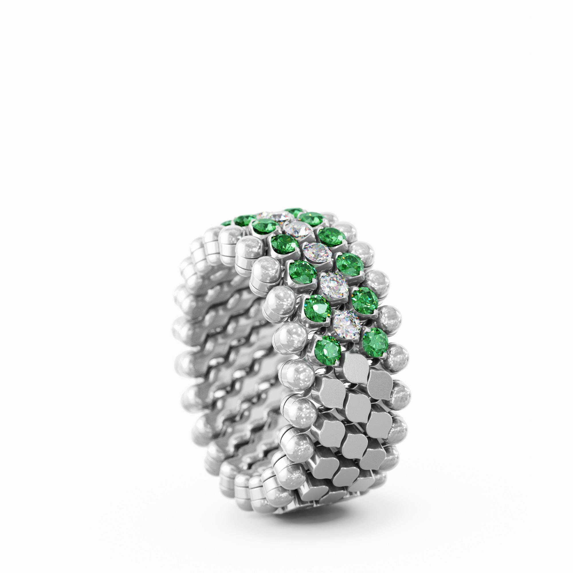 Ring Multi Size, 5 Rows in 18K White Gold with Diamonds and Tzavorites Ring Multi Size, 5 Rows in 18K White Gold with Diamonds and Tzavorites