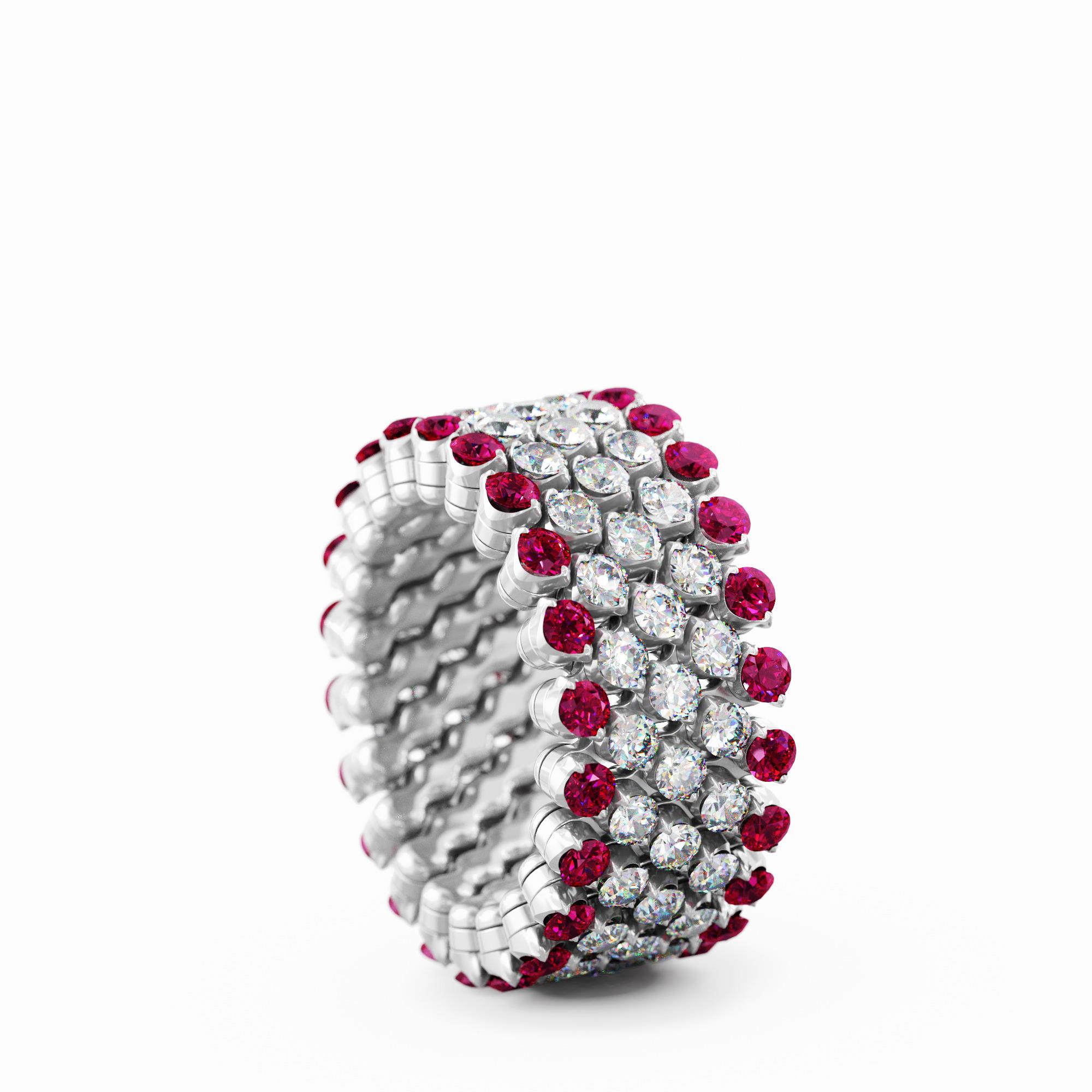 Ring Multi Size 5 Rows Full 2 Points in 18K White Gold with Diamonds and Rubies Ring Multi Size 5 Rows Full 2 Points in 18K White Gold with Diamonds and Rubies