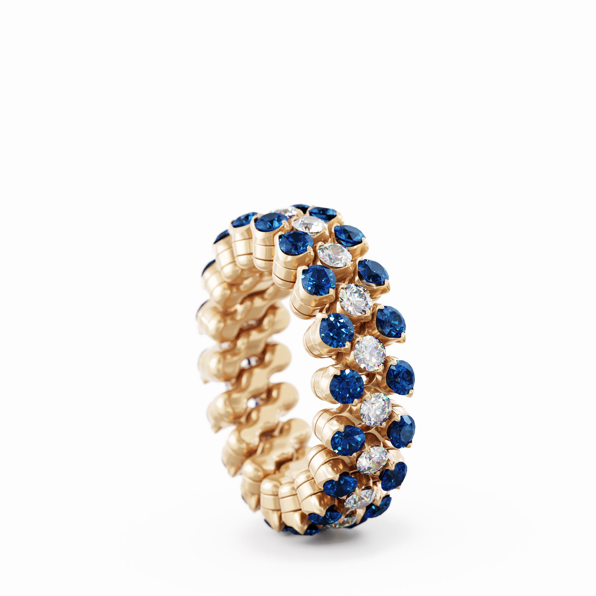 Ring Multi Size 3 Rows, Full 4 Points in 18K Rose Gold with Diamonds and Blue Sapphires Ring Multi Size 3 Rows, Full 4 Points in 18K Rose Gold with Diamonds and Blue Sapphires
