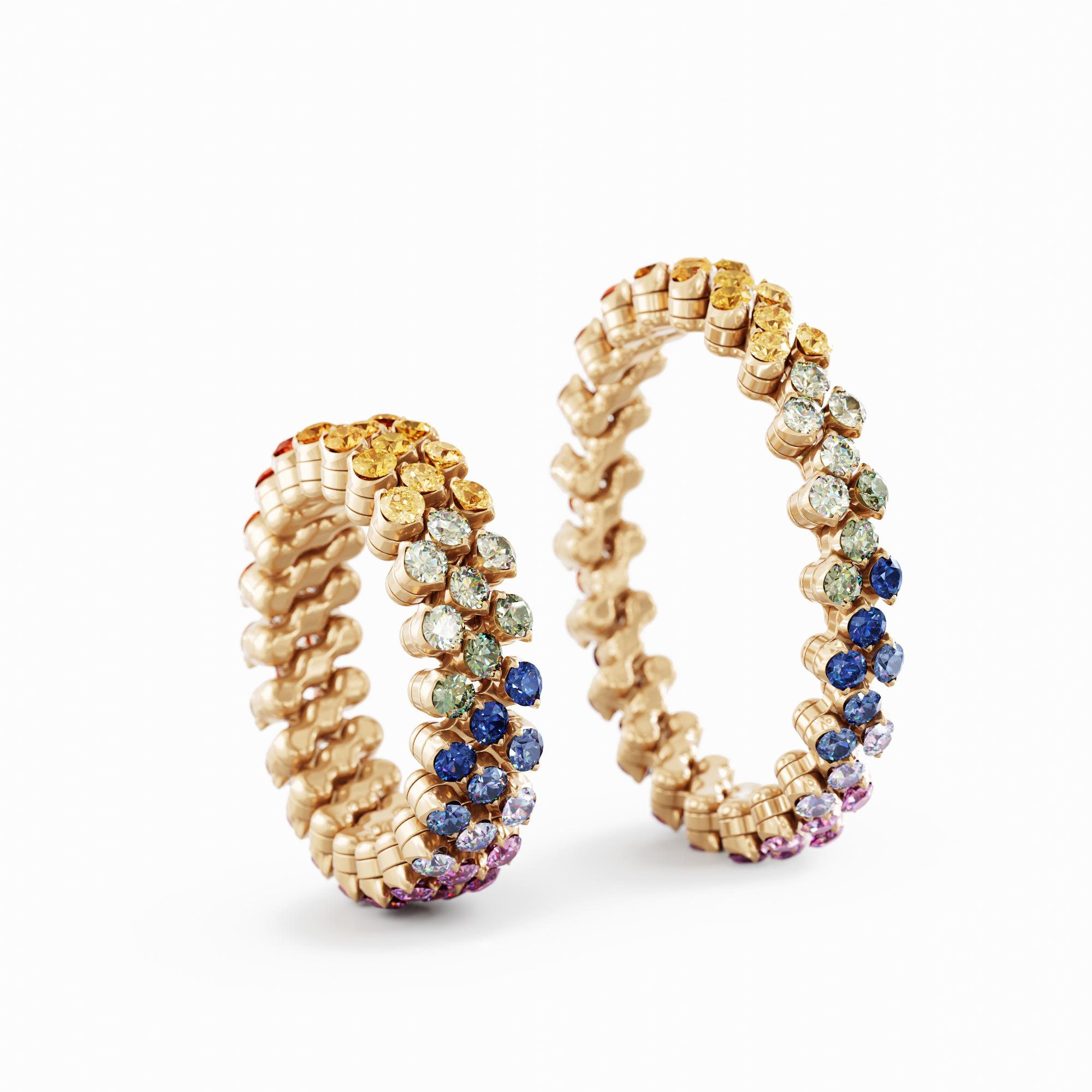 Ring Multi Size 3 Rows, Full 2 Points in 18K Rose Gold with Rainbow Sapphires Ring Multi Size 3 Rows, Full 2 Points in 18K Rose Gold with Rainbow Sapphires