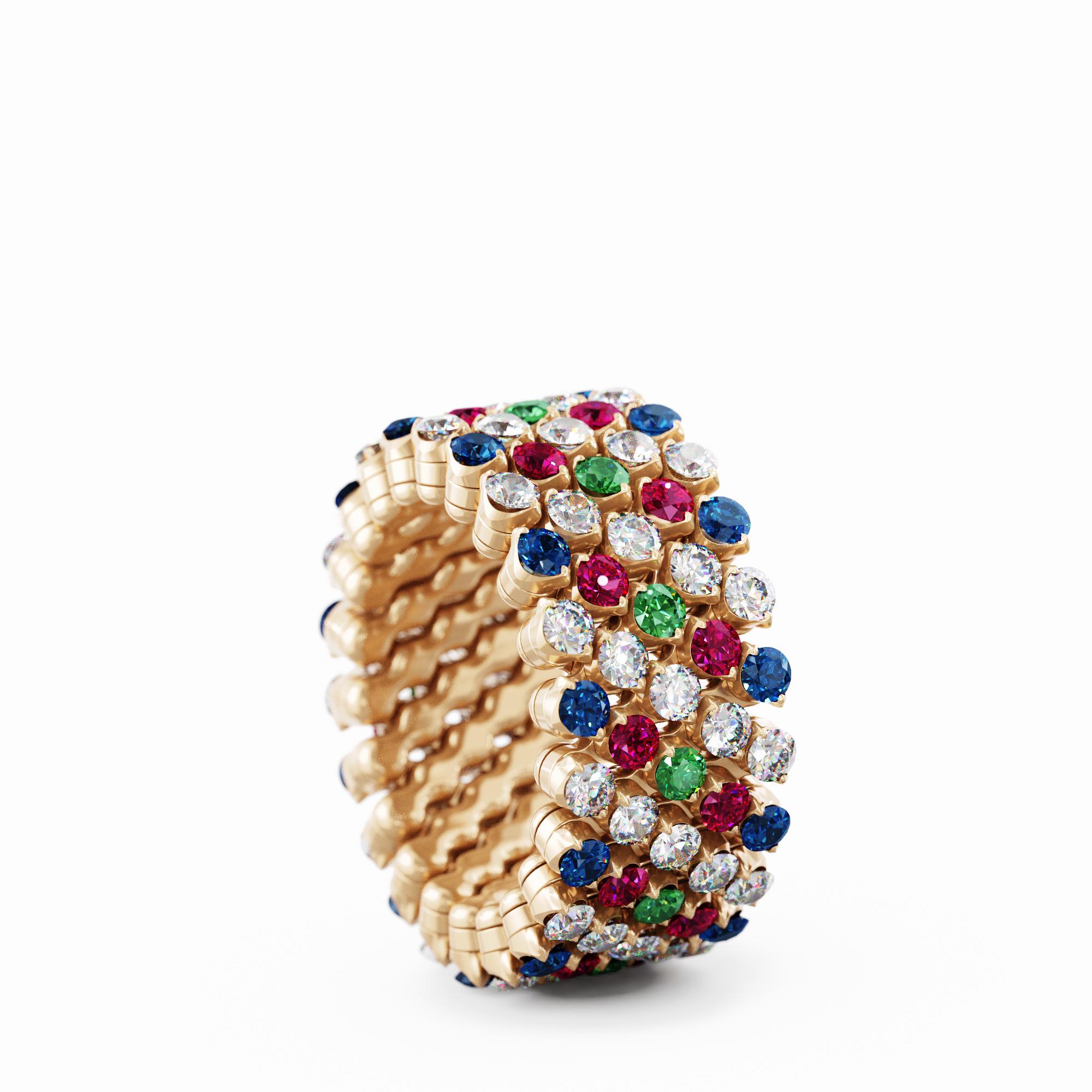 Ring Multi Size 5 Rows, Full 2 Points in 18K Rose Gold with Diamonds, Blue Sapphires, Rubies and Tzavorites Ring Multi Size 5 Rows, Full 2 Points in 18K Rose Gold with Diamonds, Blue Sapphires, Rubies and Tzavorites