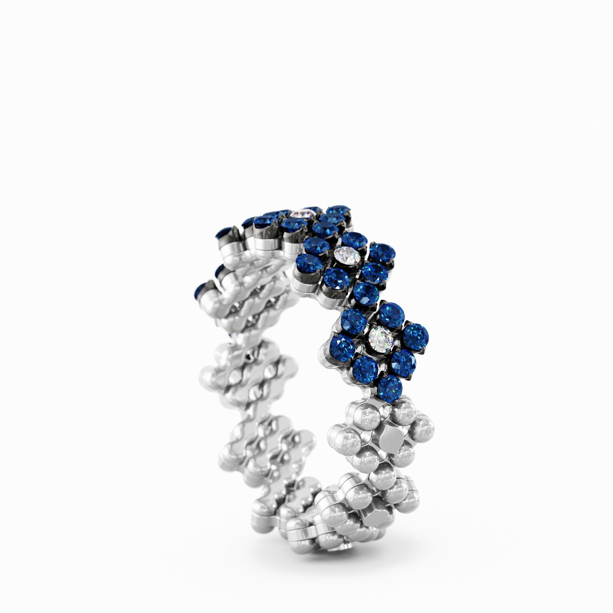 Ring Multi Size Flower,Half 2 Points in 18K White and Black Gold with White Diamonds and Blue Sapphires Ring Multi Size Flower,Half 2 Points in 18K White and Black Gold with White Diamonds and Blue Sapphires