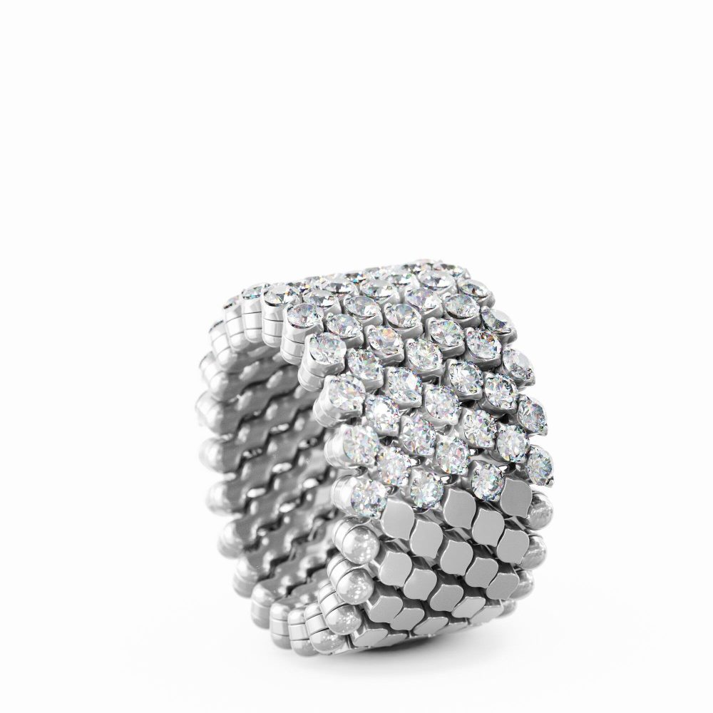 Ring Multi Size, 7 Rows, Half 2 Points In 18K White Gold With White Diamonds
