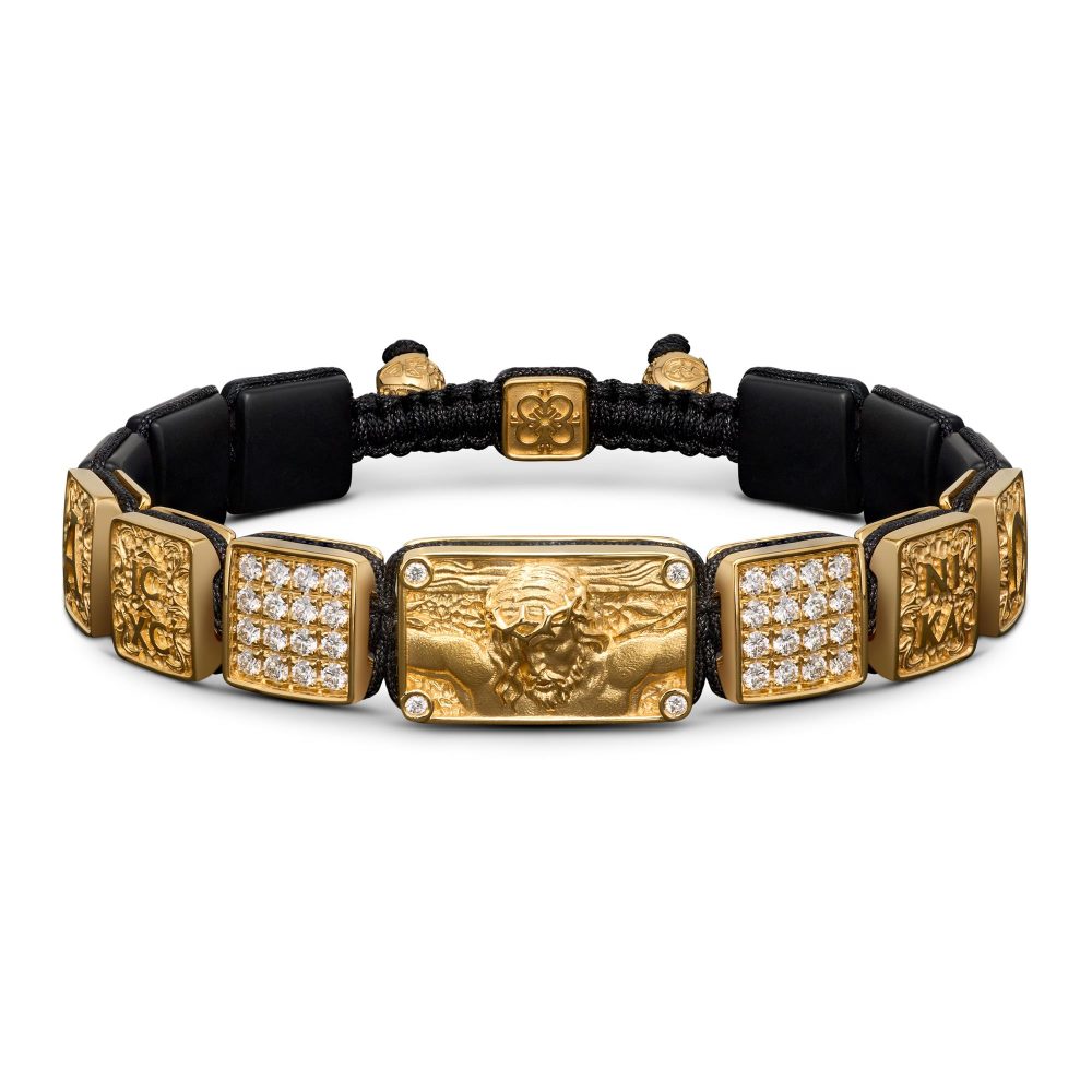 Crucified Jesus Christ Bracelet in 18K Yellow Gold, White Diamonds and Black Onyx