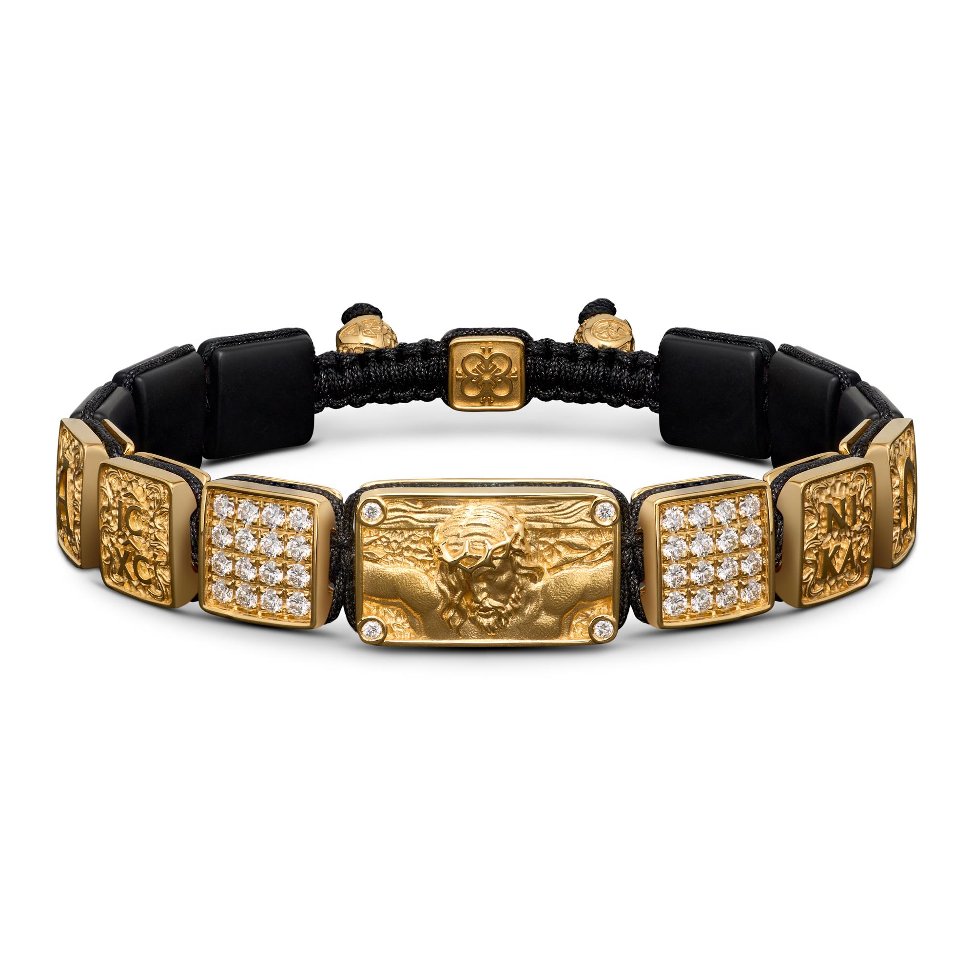 Crucified Jesus Christ Bracelet in 18K Yellow Gold, White Diamonds and Black Onyx