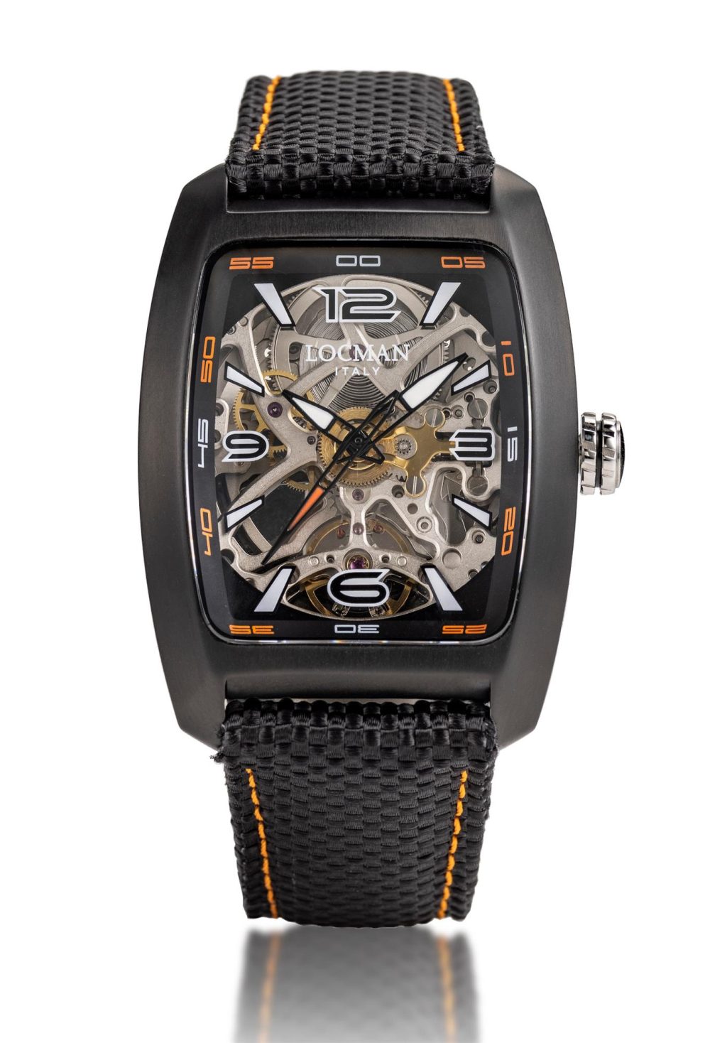 Sport Skeleton 37x46,8mm Pvd Black
Movement:Swiss Three Hands Automatic
Dial:Trasparent With Deflector
Strap:Black Cordura.