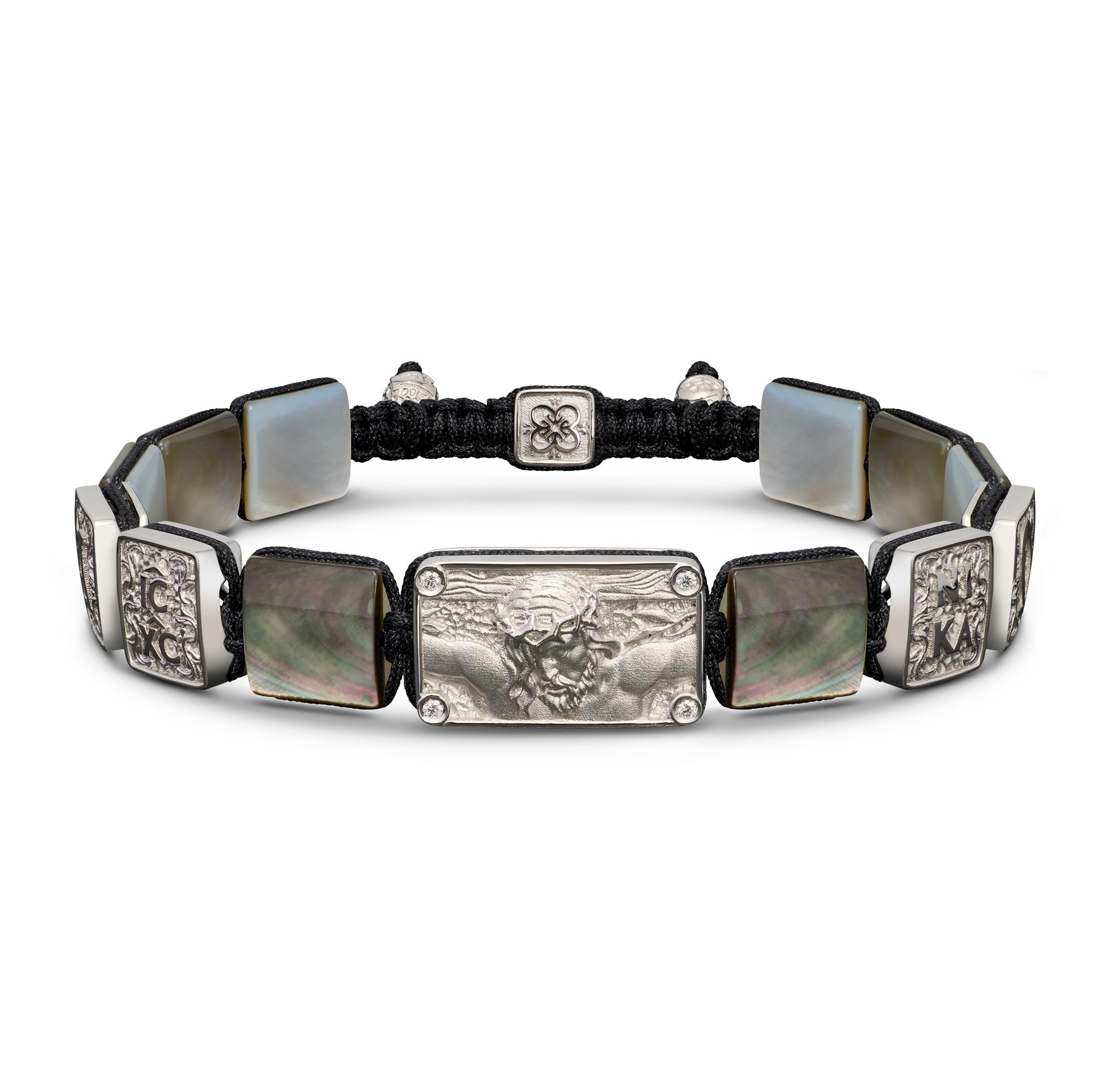 Jesus Christ Crucified Bracelet in 18K White Gold, White Diamonds and Black Mother of Pearl