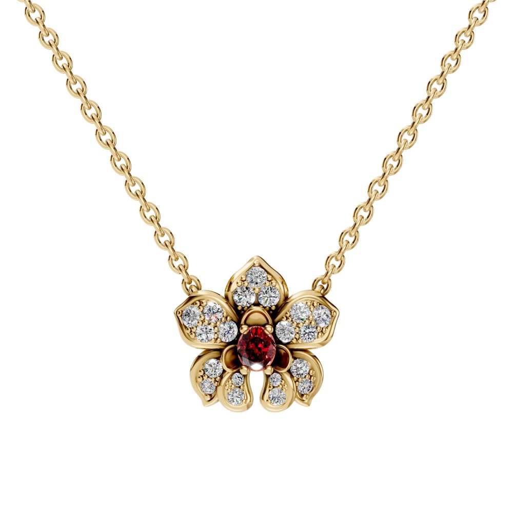 Orquideas Pave Mini Necklace In 18K Yellow Gold With Ruby And Diamonds
