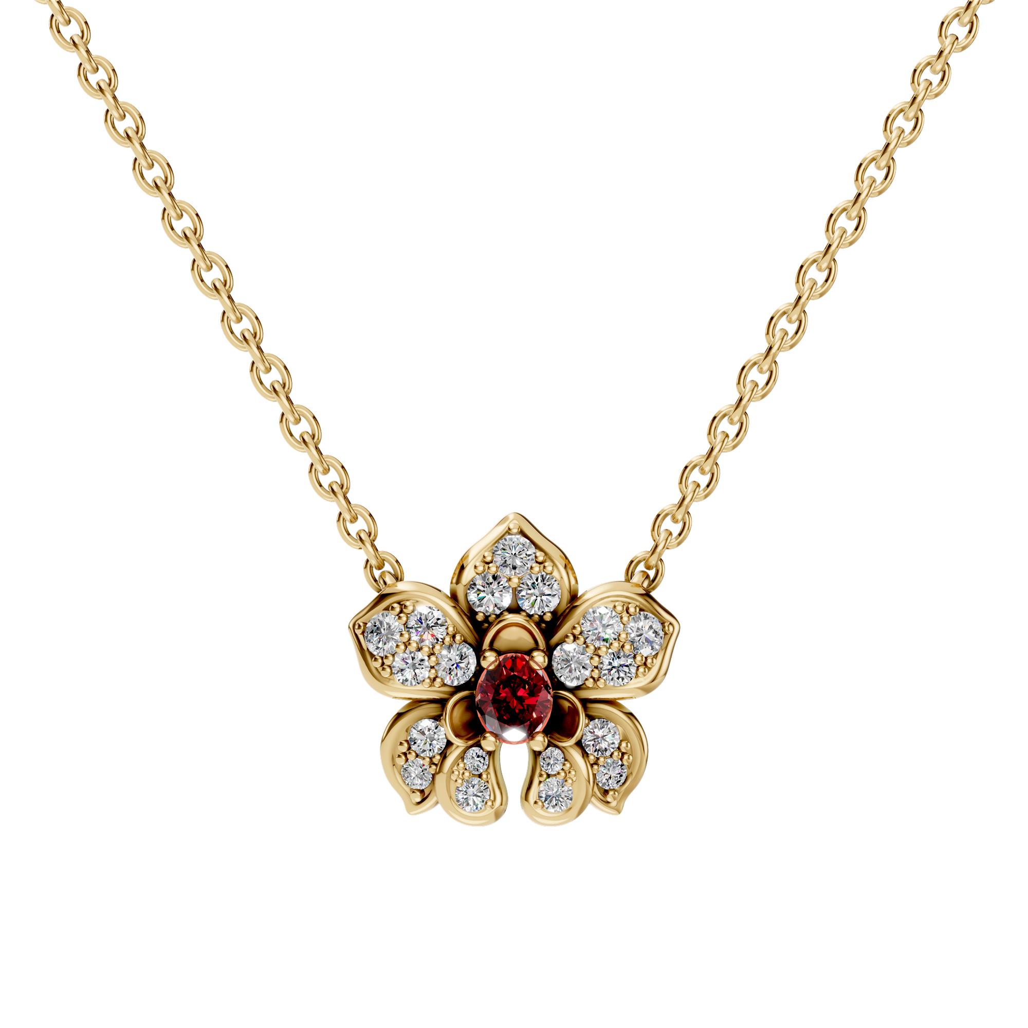 Orquideas Pave Mini Necklace In 18K Yellow Gold With Ruby And Diamonds