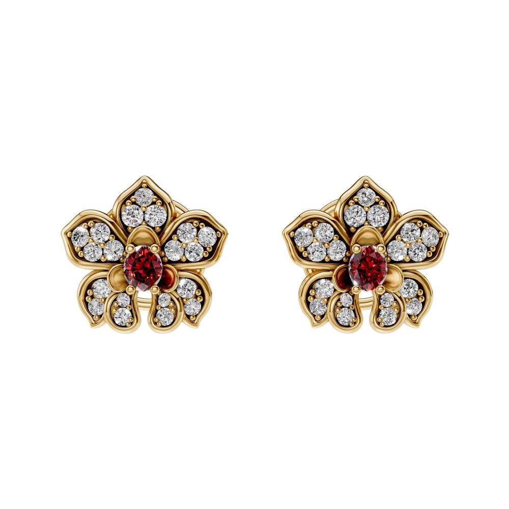 Orquideas One Flower Mini Earrings In 18KT Yellow Gold With Rubies And Diamonds