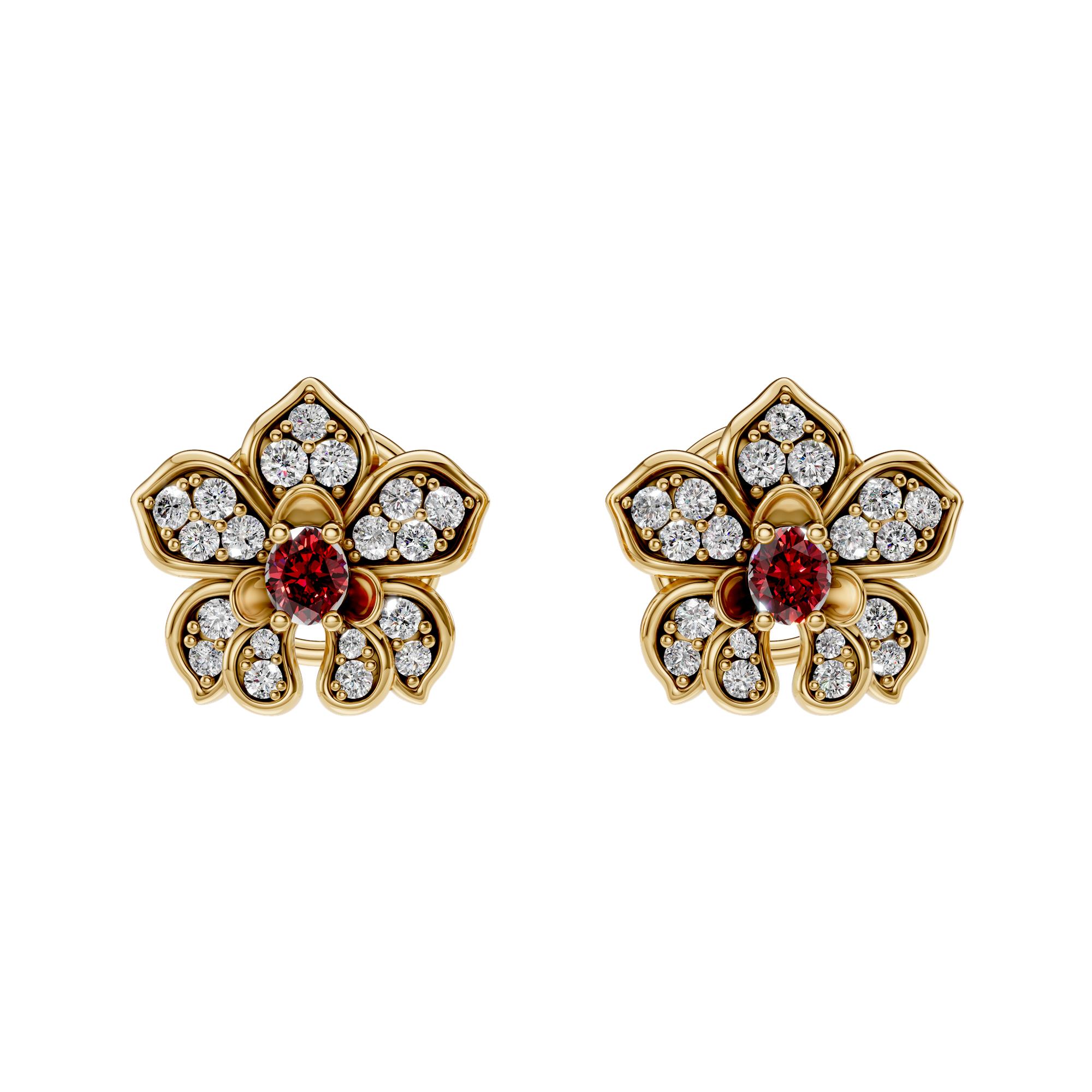 Orquideas One Flower Mini Earrings In 18KT Yellow Gold With Rubies And Diamonds