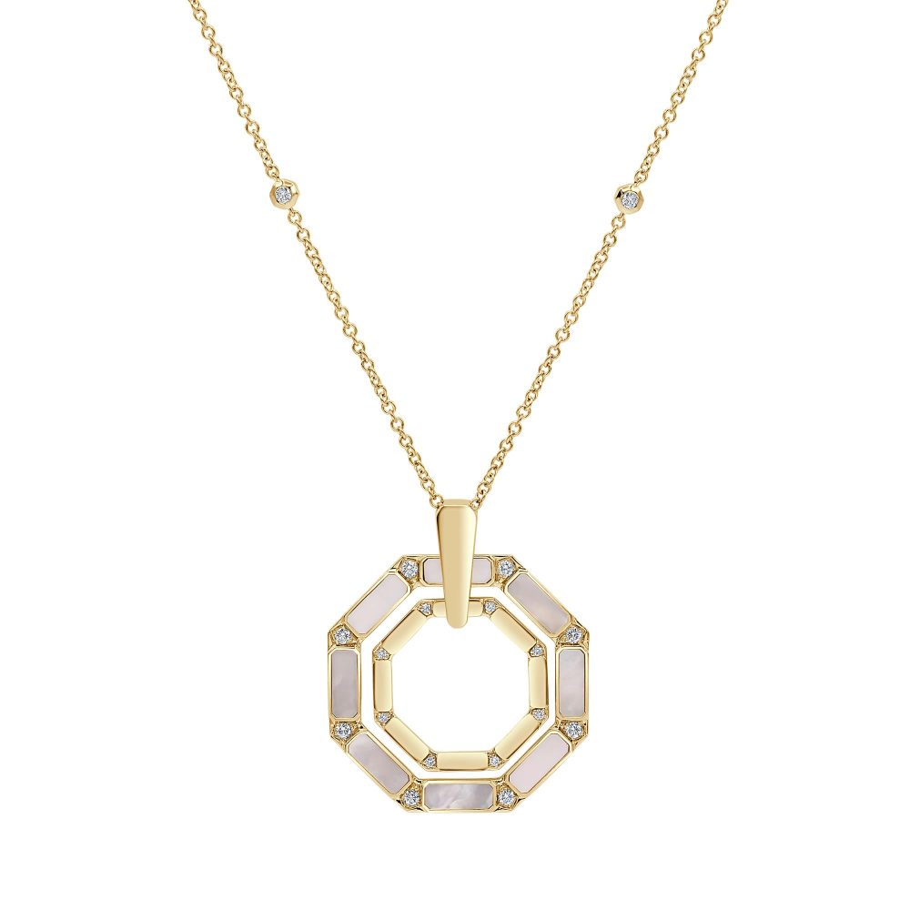 Luna Necklace in 18K Yellow Gold with Diamonds and White Mother of Pearl