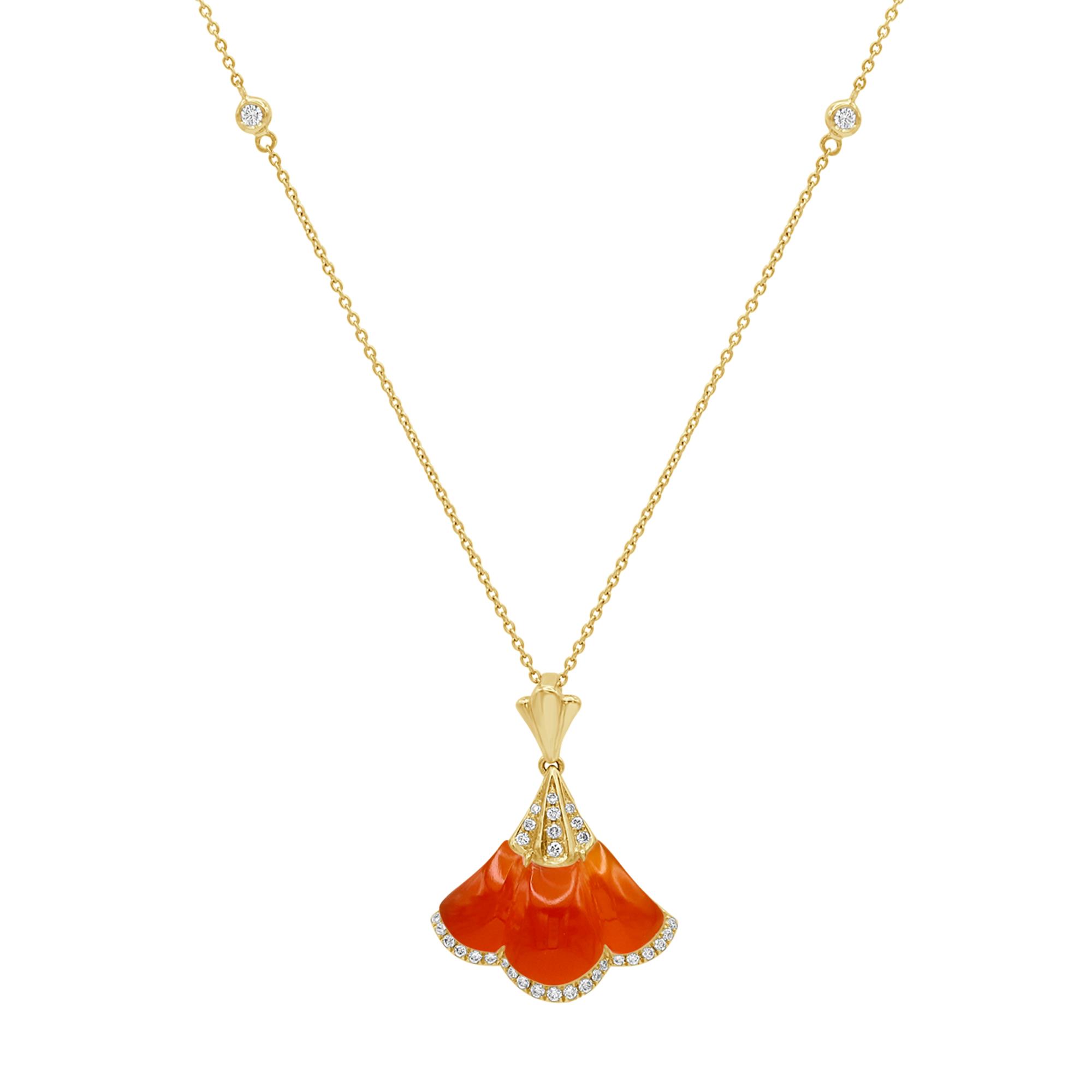 Gingko Necklace in 18K Rose Gold with Carnelian and Diamonds Gingko Necklace in 18K Rose Gold with Carnelian and Diamonds