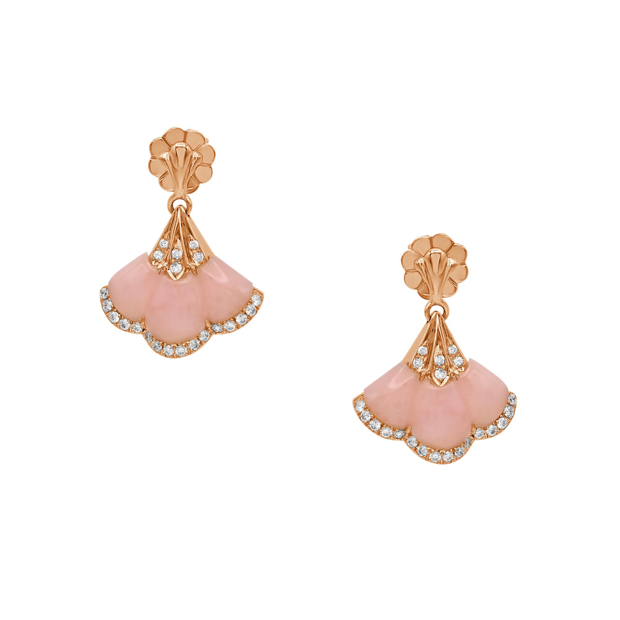 Gingko Earrings in 18K Rose Gold with Pink Opal and Diamonds Gingko Earrings in 18K Rose Gold with Pink Opal and Diamonds