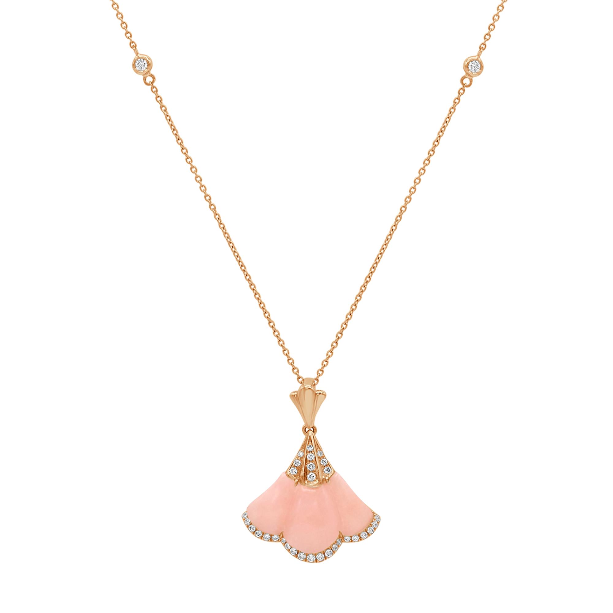 Gingko Necklace in 18K Rose Gold with Pink Opal and Diamonds Gingko Necklace in 18K Rose Gold with Pink Opal and Diamonds