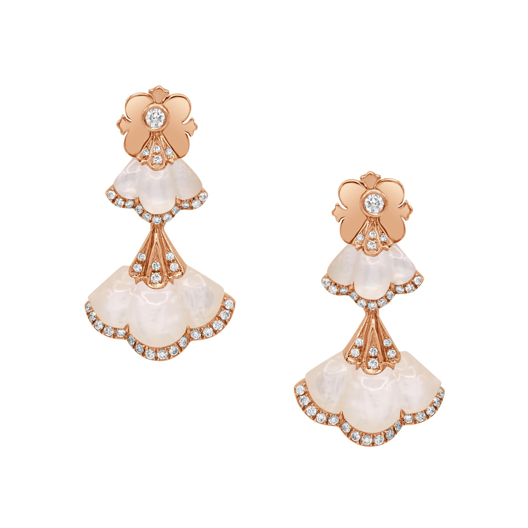Gingko Earrings in 18K Rose Gold with White Mother of Pearl and Diamonds Gingko Earrings in 18K Rose Gold with White Mother of Pearl and Diamonds