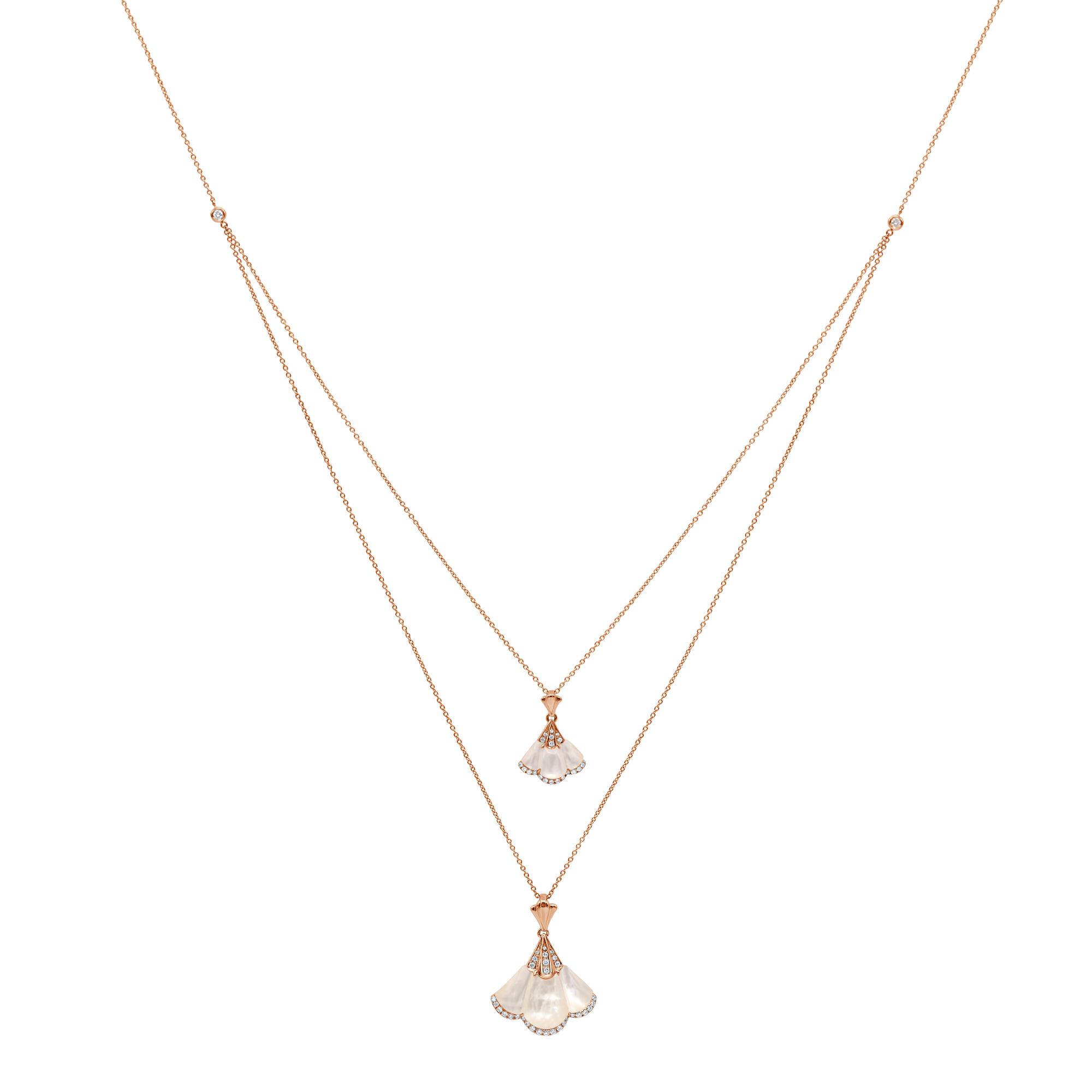 Gingko Necklace in 18K Rose Gold with White Mother of Pearl and Diamonds Gingko Necklace in 18K Rose Gold with White Mother of Pearl and Diamonds