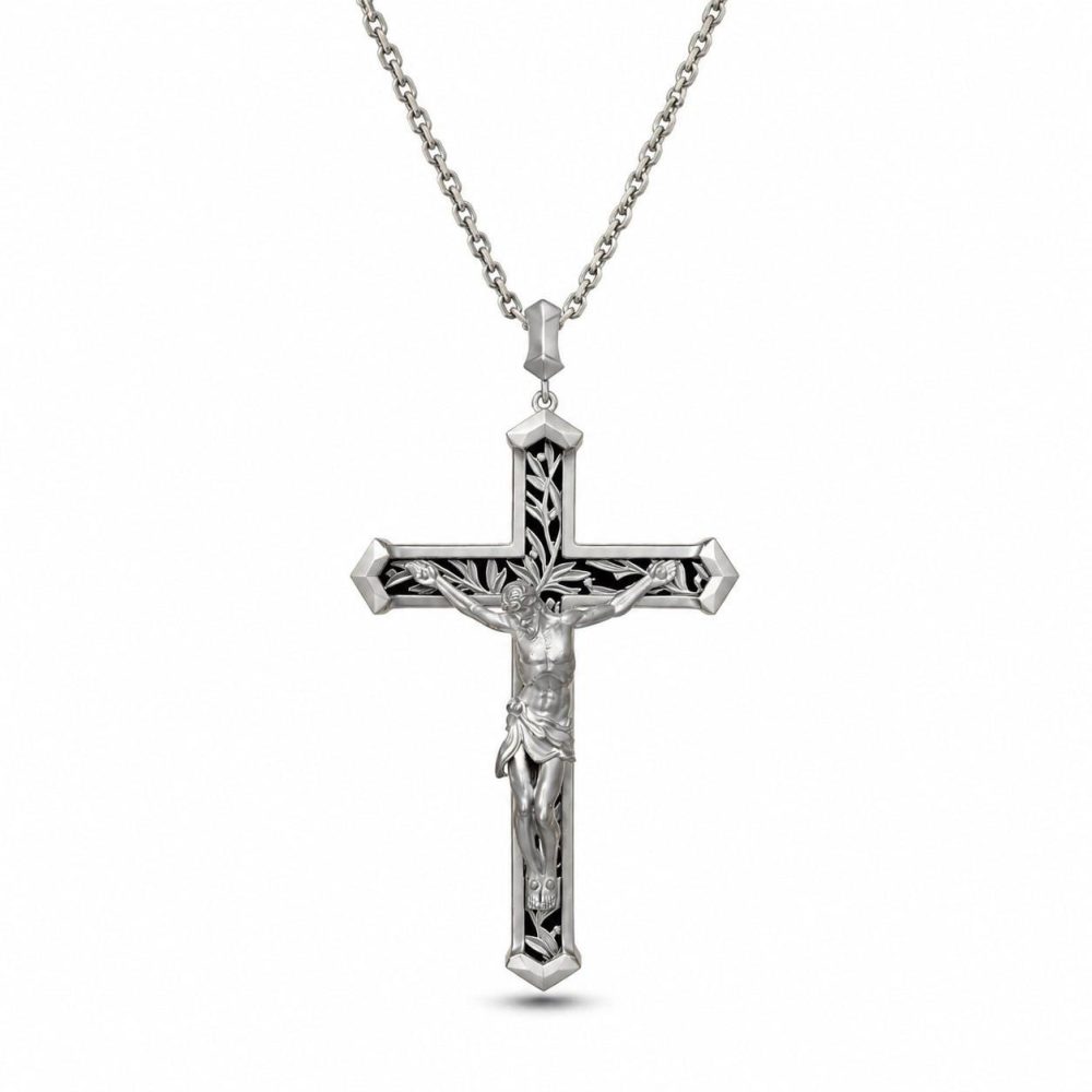 Crucified Jesus Christ Cross in 18K White Gold with Diamonds and Black Onyx